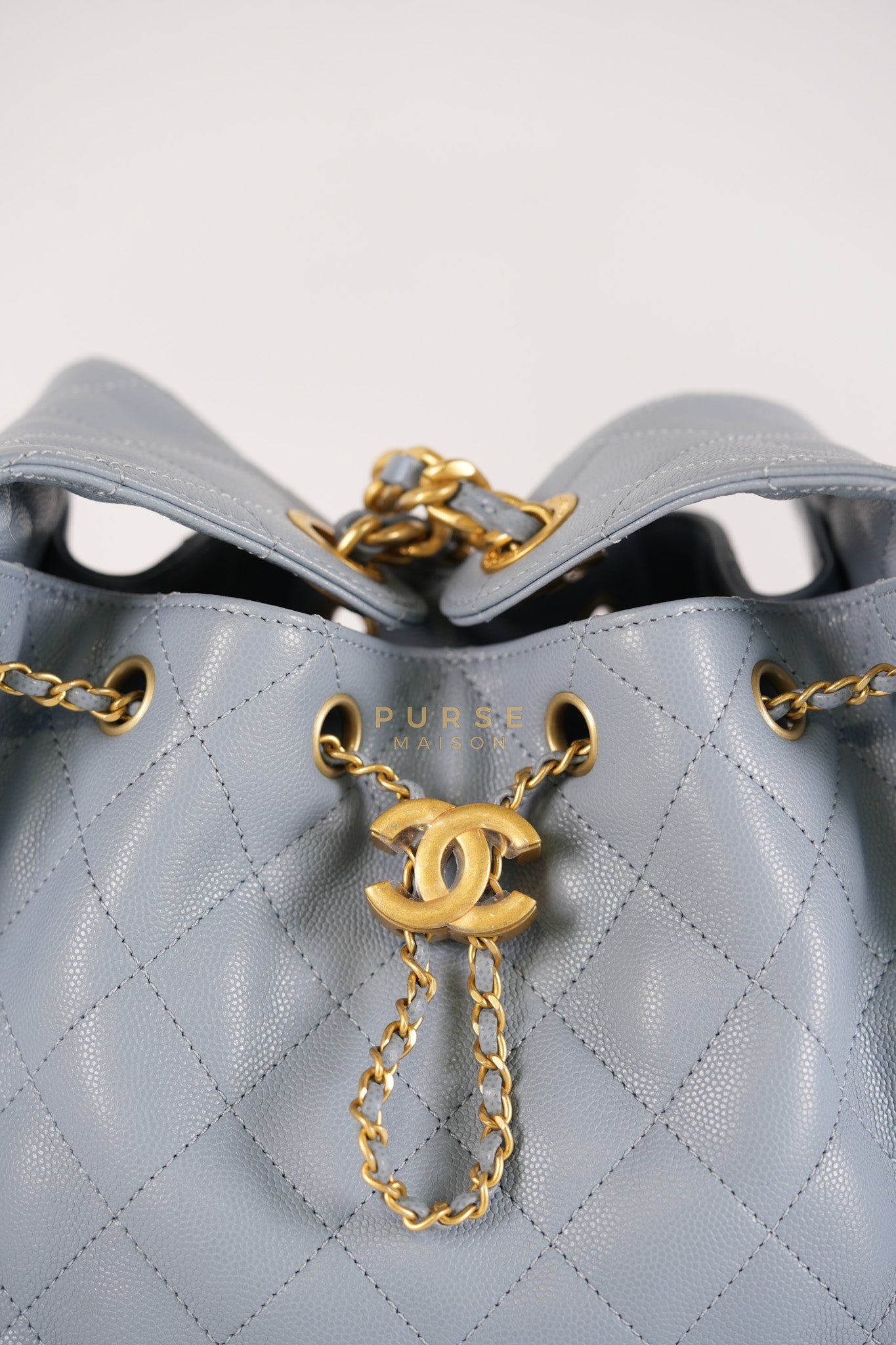 25 Small Handbag in Light Blue Quilted Caviar Leather and Gold Hardware (Microchip) | Purse Maison Luxury Bags Shop