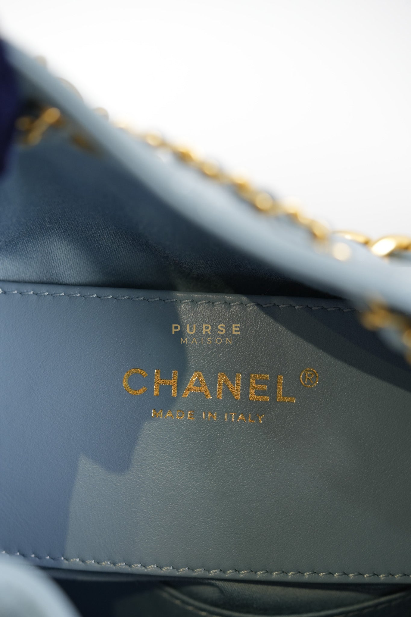 25 Small Handbag in Light Blue Quilted Caviar Leather and Gold Hardware (Microchip) | Purse Maison Luxury Bags Shop