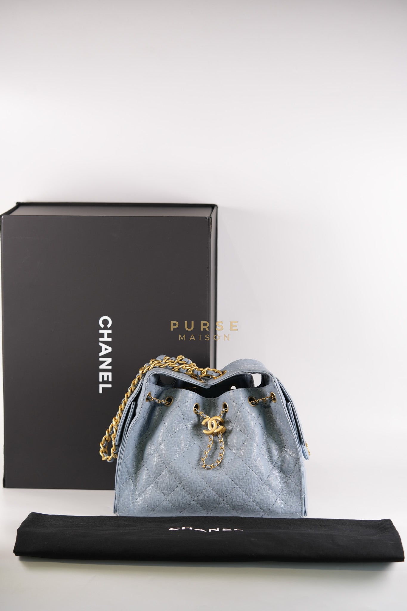 25 Small Handbag in Light Blue Quilted Caviar Leather and Gold Hardware (Microchip) | Purse Maison Luxury Bags Shop