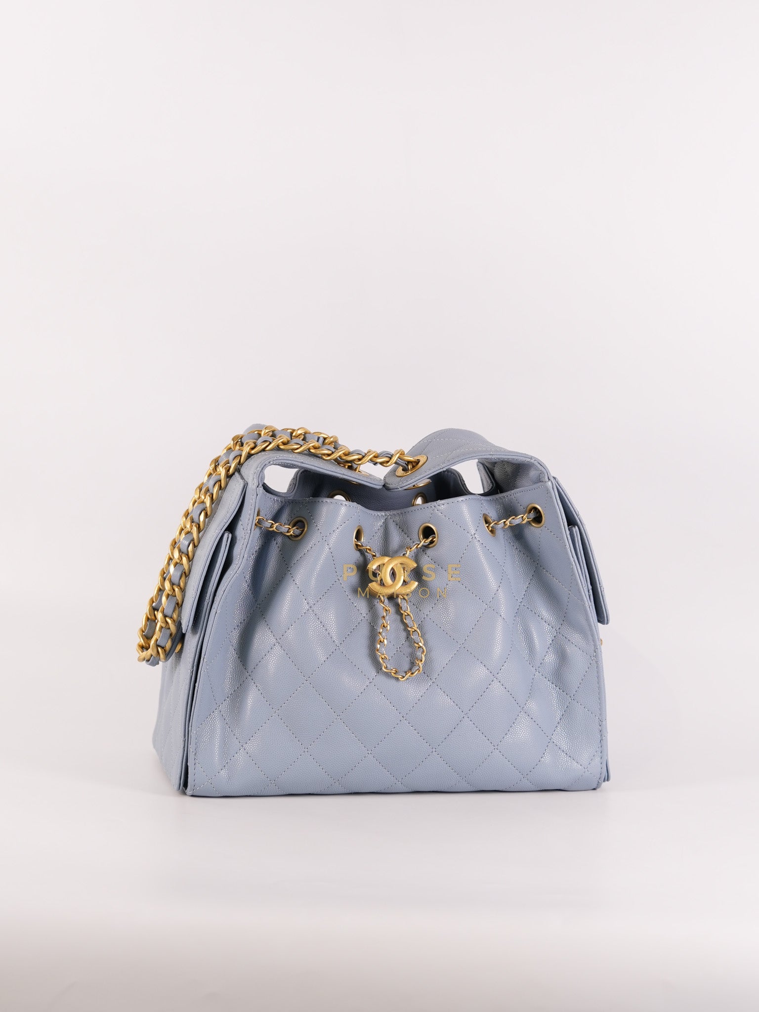 25 Small Handbag in Light Blue Quilted Caviar Leather and Gold Hardware (Microchip) | Purse Maison Luxury Bags Shop