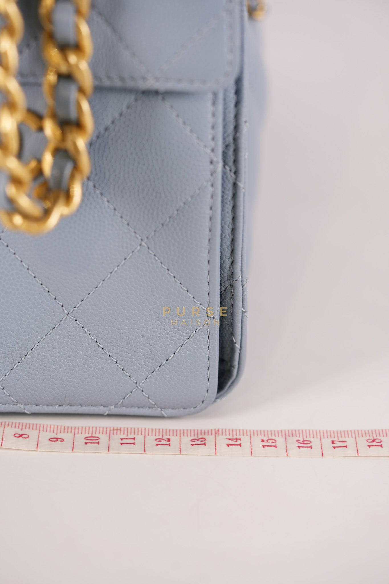 25 Small Handbag in Light Blue Quilted Caviar Leather and Gold Hardware (Microchip) | Purse Maison Luxury Bags Shop