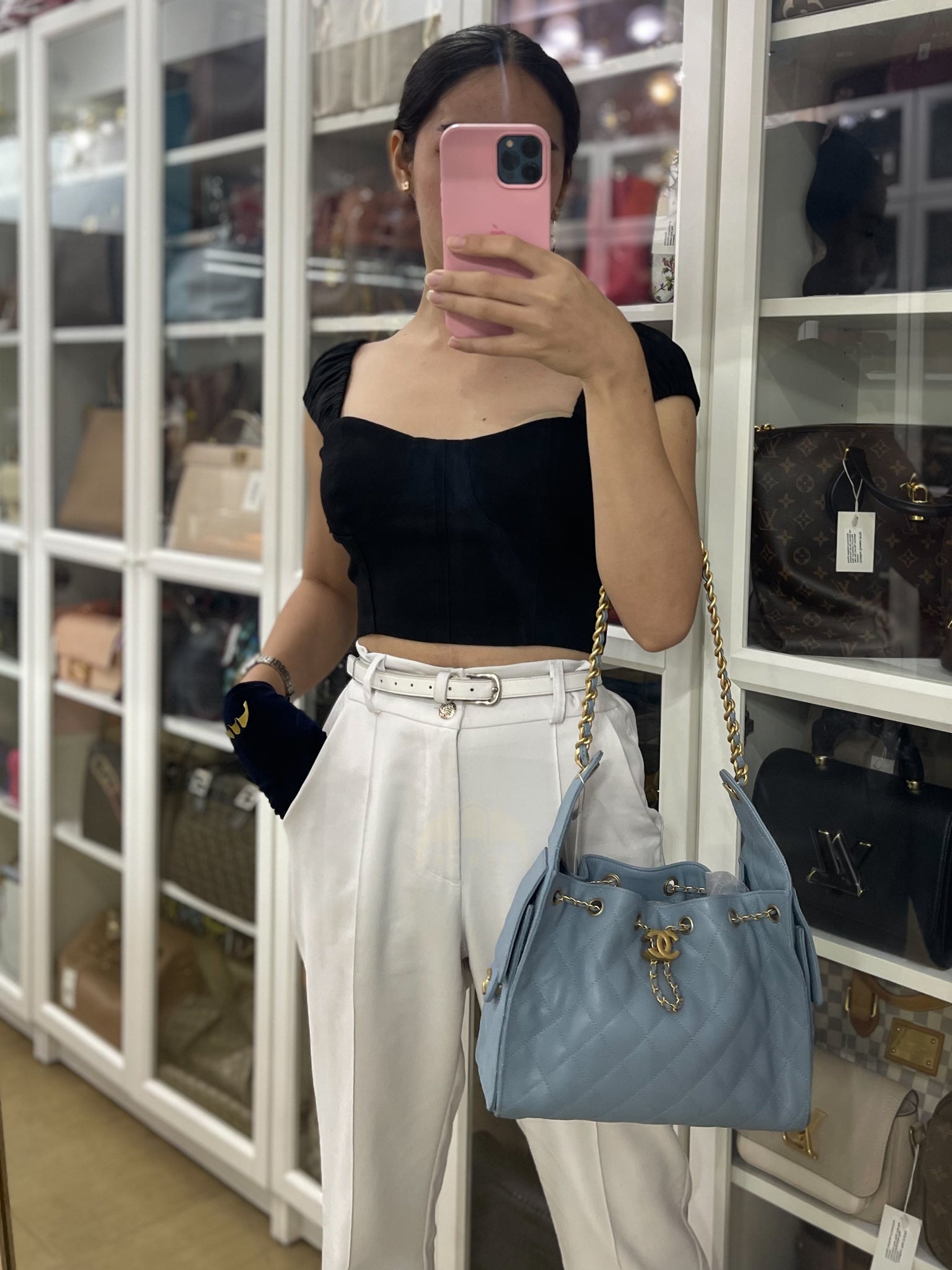 25 Small Handbag in Light Blue Quilted Caviar Leather and Gold Hardware (Microchip) | Purse Maison Luxury Bags Shop