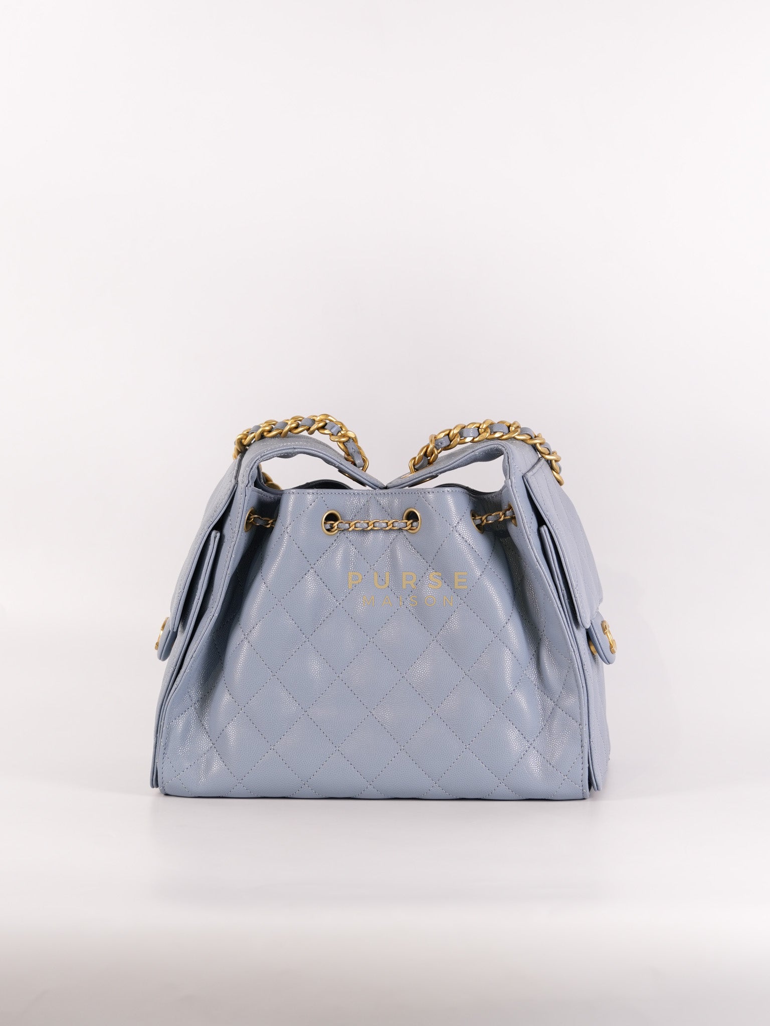 25 Small Handbag in Light Blue Quilted Caviar Leather and Gold Hardware (Microchip) | Purse Maison Luxury Bags Shop