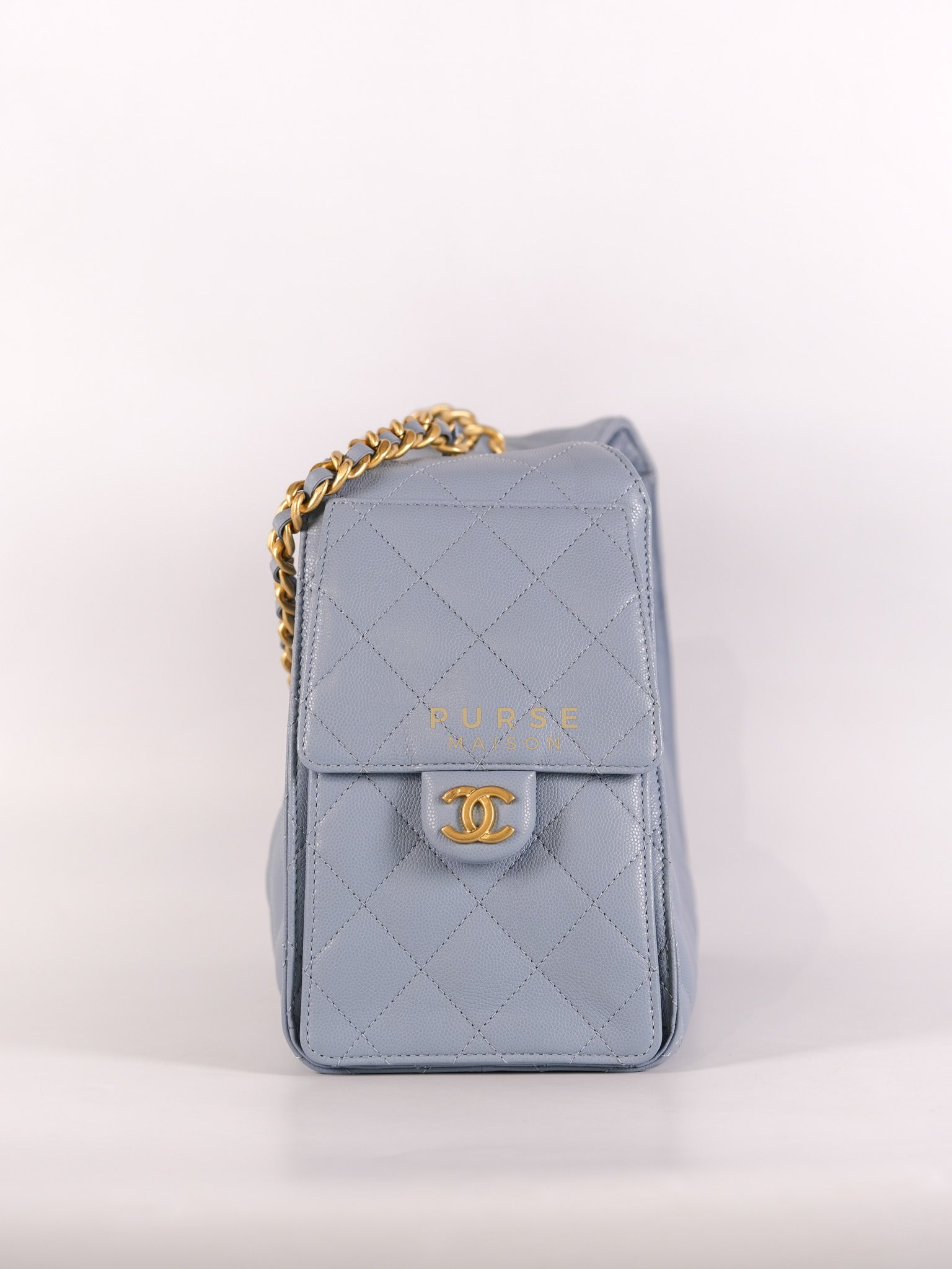 25 Small Handbag in Light Blue Quilted Caviar Leather and Gold Hardware (Microchip) | Purse Maison Luxury Bags Shop