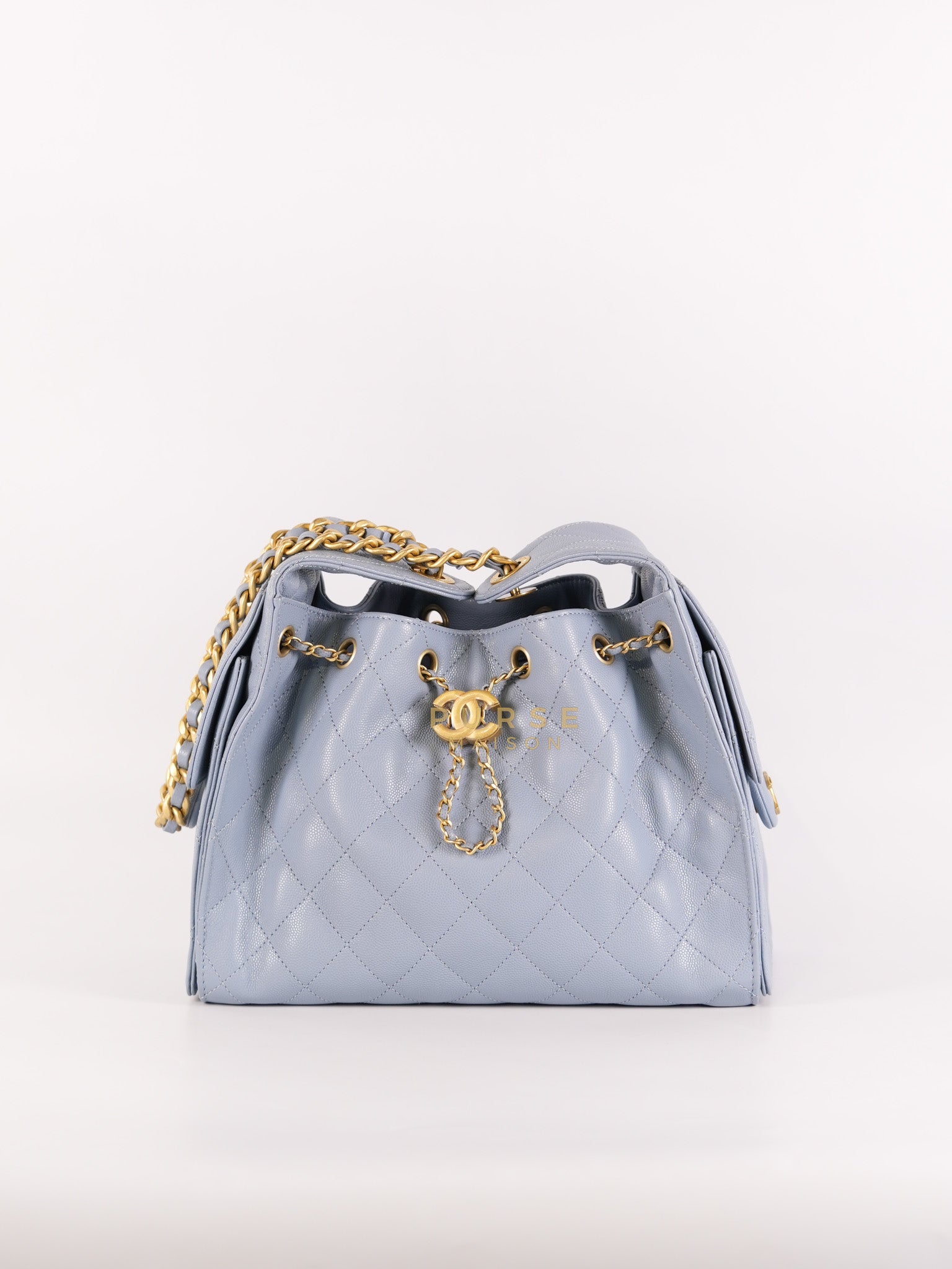 25 Small Handbag in Light Blue Quilted Caviar Leather and Gold Hardware (Microchip) | Purse Maison Luxury Bags Shop