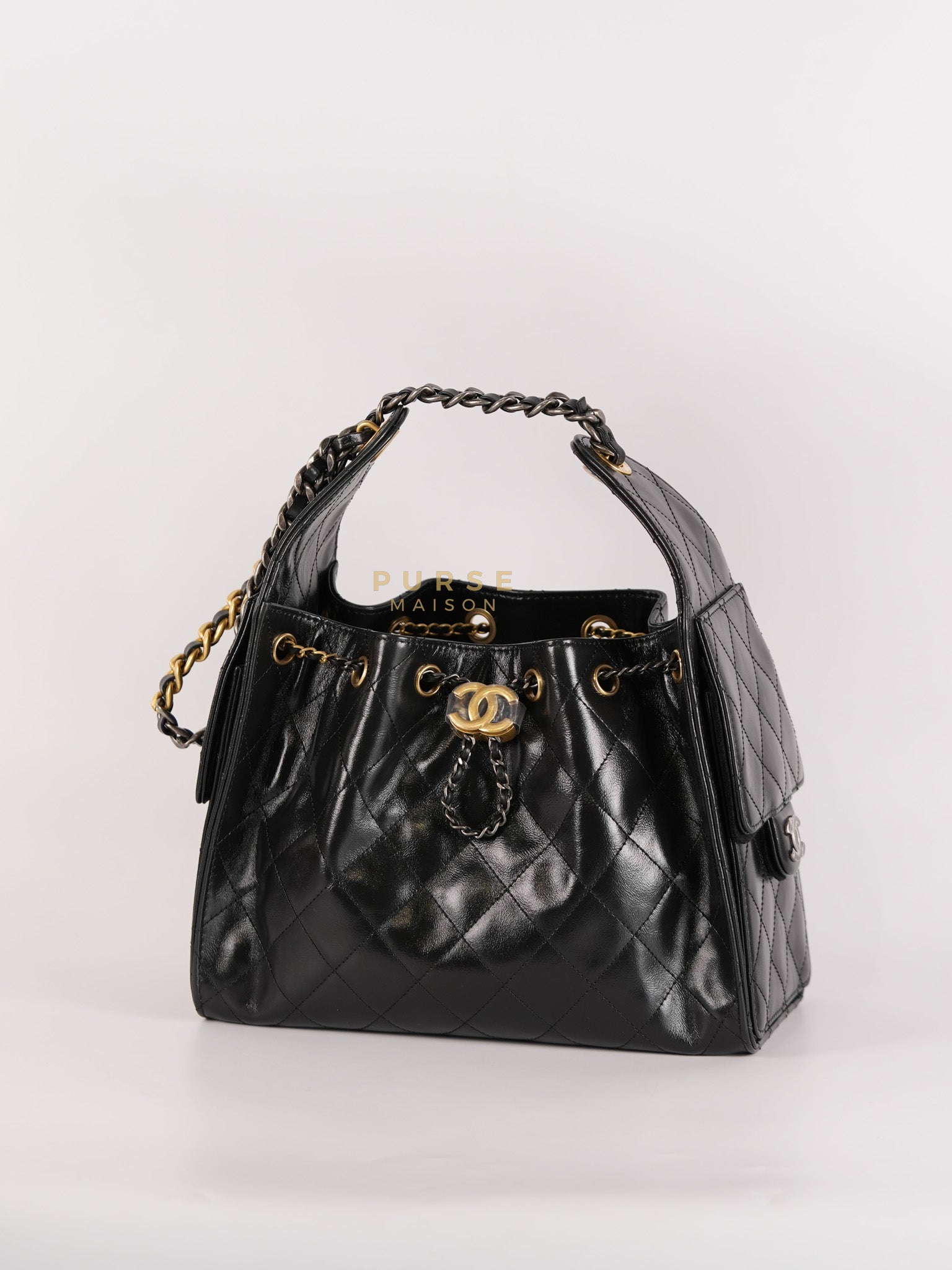 25 Small Hobo Tote Bag in Black Calfskin Leather & Mixed Hardware Microchip | Purse Maison Luxury Bags Shop