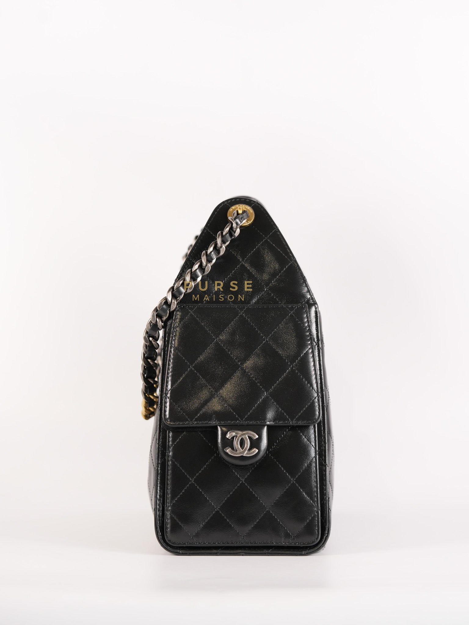 25 Small Hobo Tote Bag in Black Calfskin Leather & Mixed Hardware Microchip | Purse Maison Luxury Bags Shop