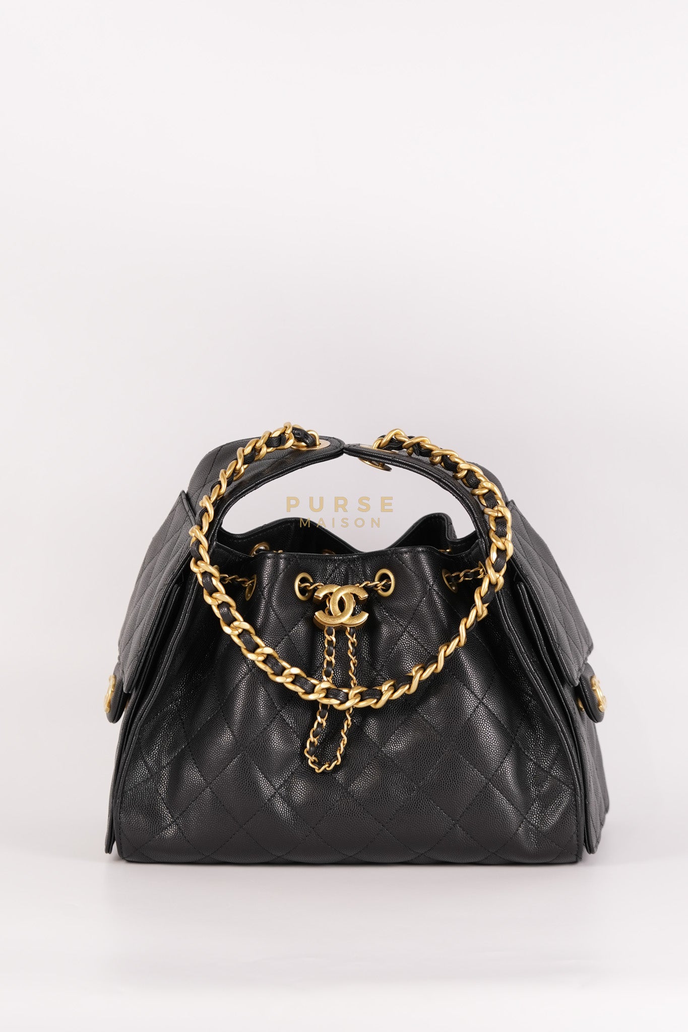 25 Small Hobo Tote Bag in Black Caviar Leather & Aged Gold Hardware (Microchip: E5****49) | Purse Maison Luxury Bags Shop