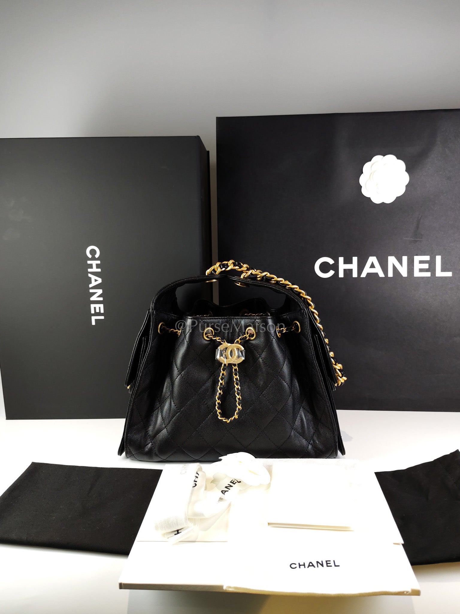 25 Small in Black Caviar Leather and Aged Gold Hardware (Microchip) | Purse Maison Luxury Bags Shop