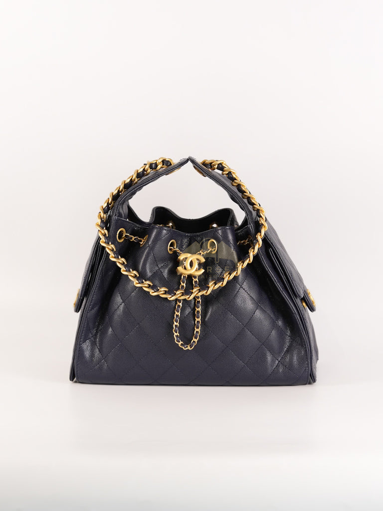 25 Small in Navy Blue Caviar Leather and Aged Gold Hardware (Microchip) | Purse Maison Luxury Bags Shop
