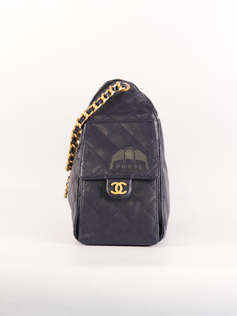 25 Small in Navy Blue Caviar Leather and Aged Gold Hardware (Microchip) | Purse Maison Luxury Bags Shop