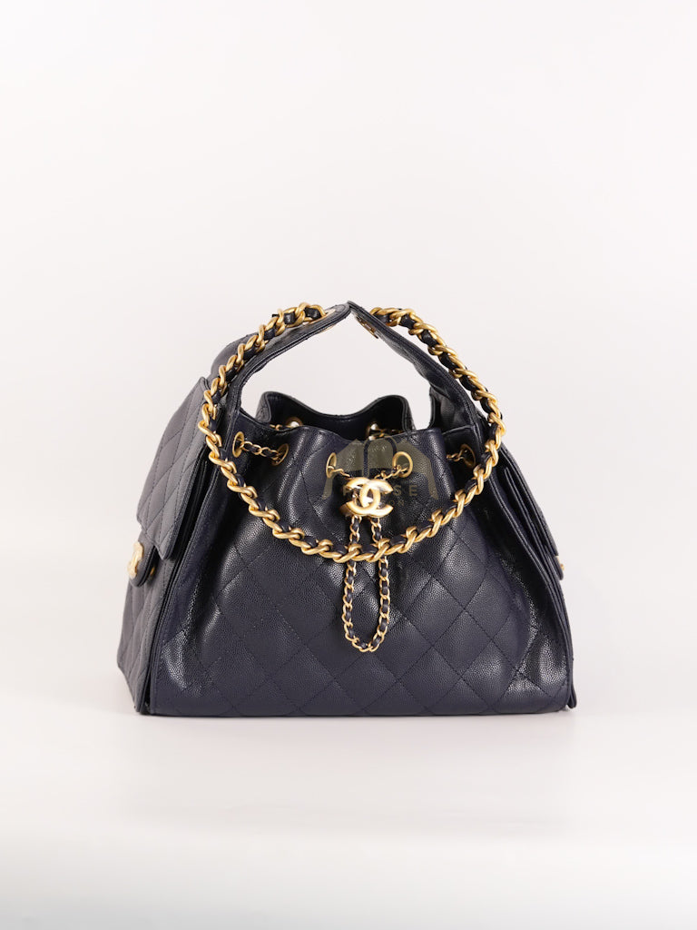 25 Small in Navy Blue Caviar Leather and Aged Gold Hardware (Microchip) | Purse Maison Luxury Bags Shop