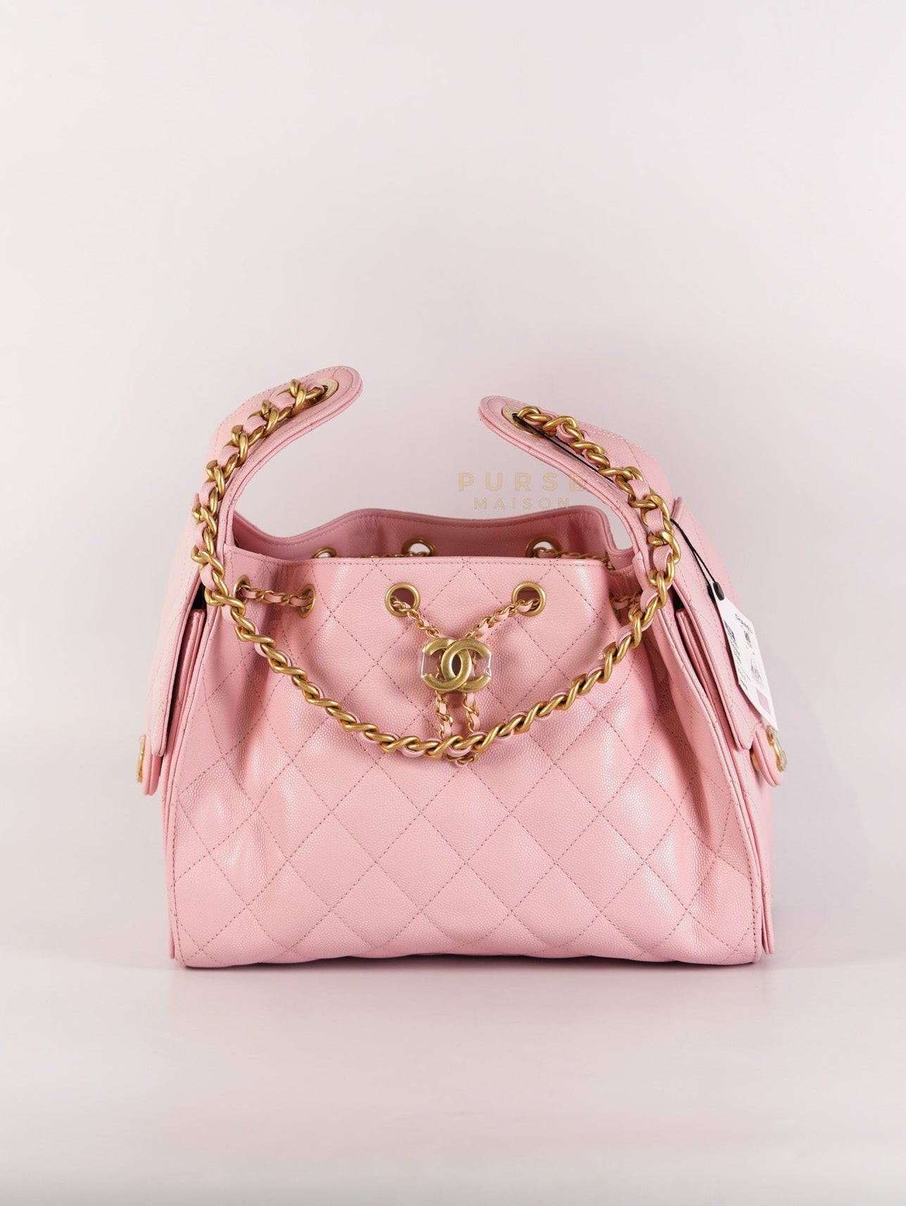25 Small in Rose Clair Caviar Leather and Aged Gold Hardware (Microchip) | Purse Maison Luxury Bags Shop