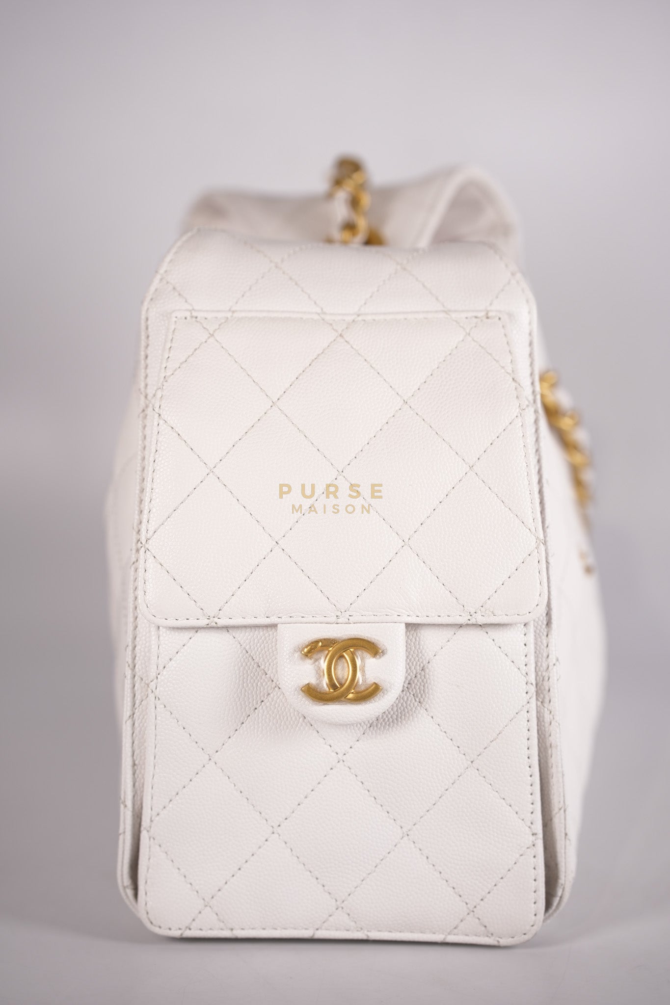 25 Small White Caviar Leather and Aged Gold Hardware (Microchip) | Purse Maison Luxury Bags Shop