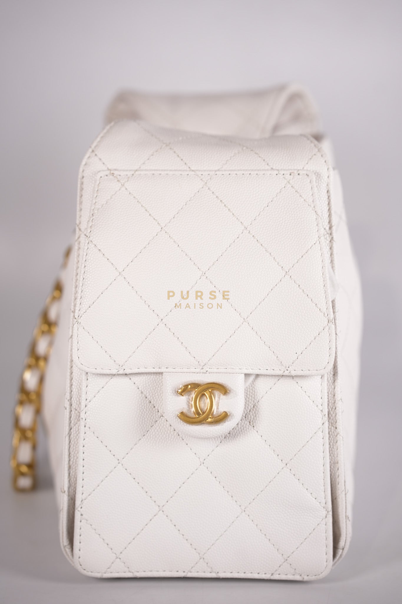 25 Small White Caviar Leather and Aged Gold Hardware (Microchip) | Purse Maison Luxury Bags Shop