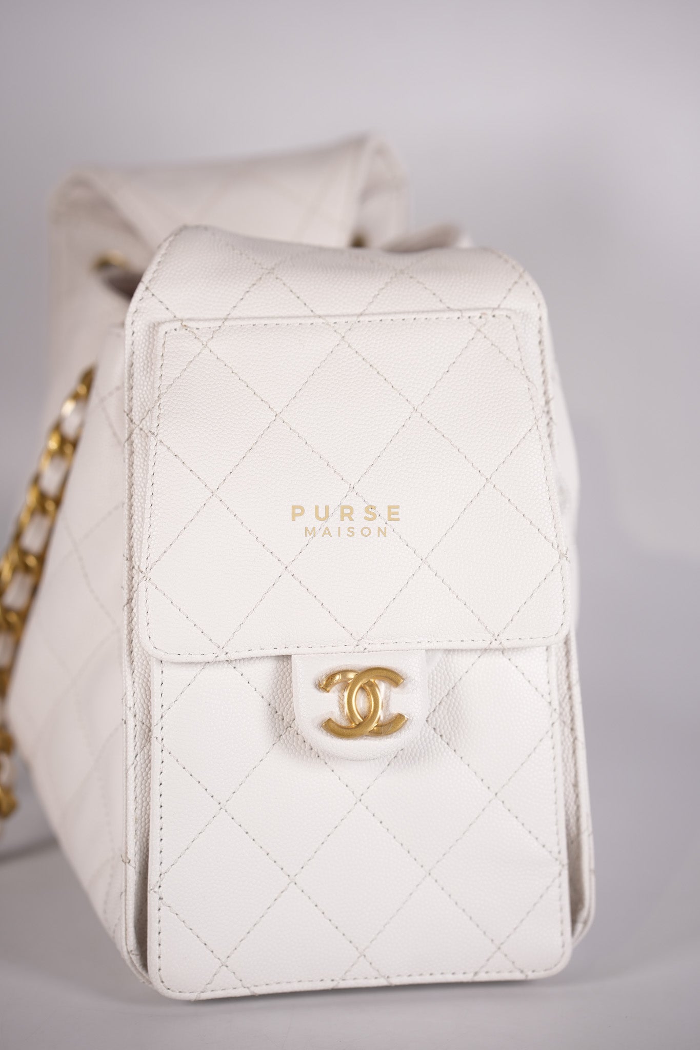 25 Small White Caviar Leather and Aged Gold Hardware (Microchip) | Purse Maison Luxury Bags Shop