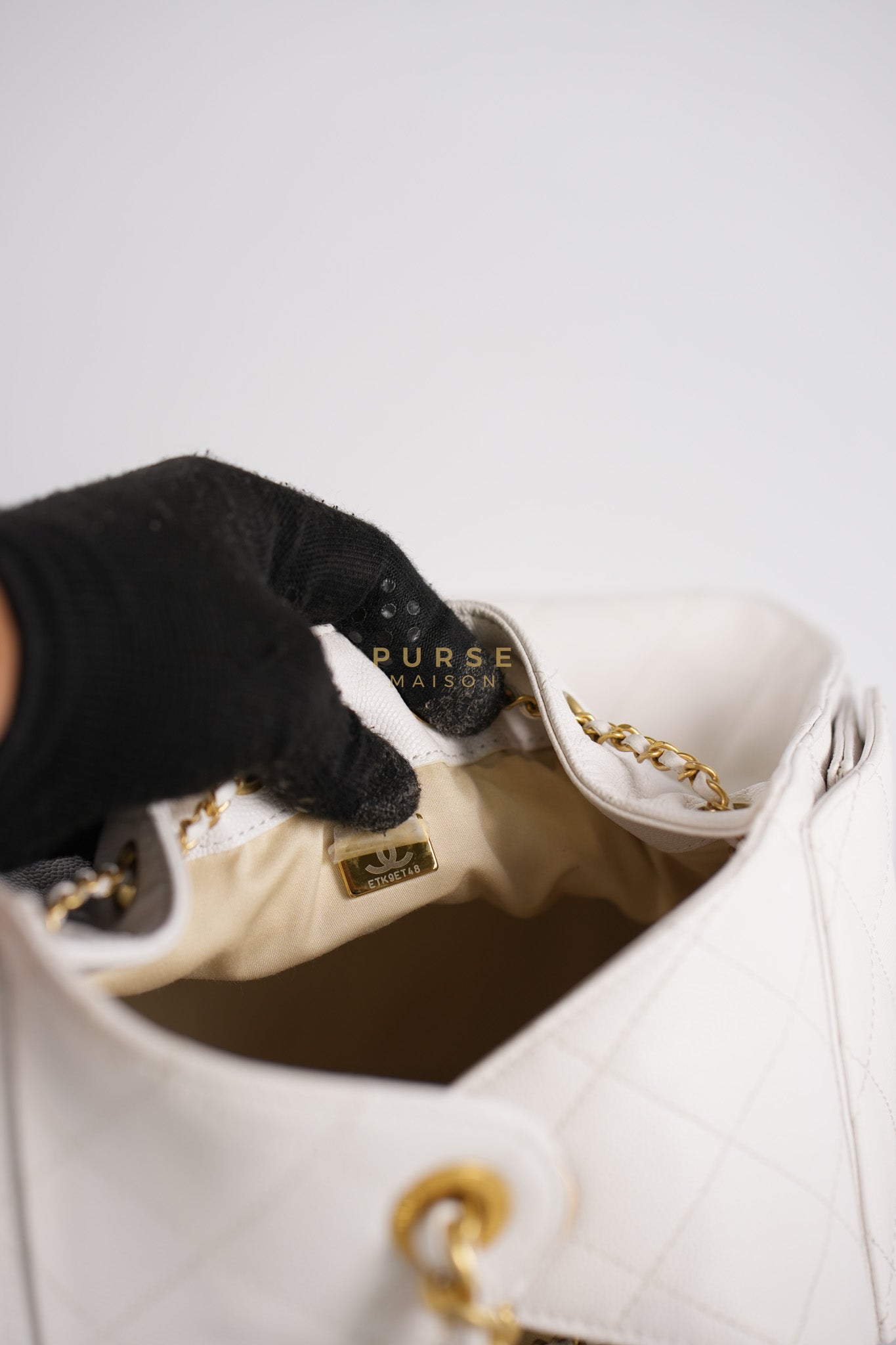 25 Small White Caviar Leather and Aged Gold Hardware (Microchip) | Purse Maison Luxury Bags Shop