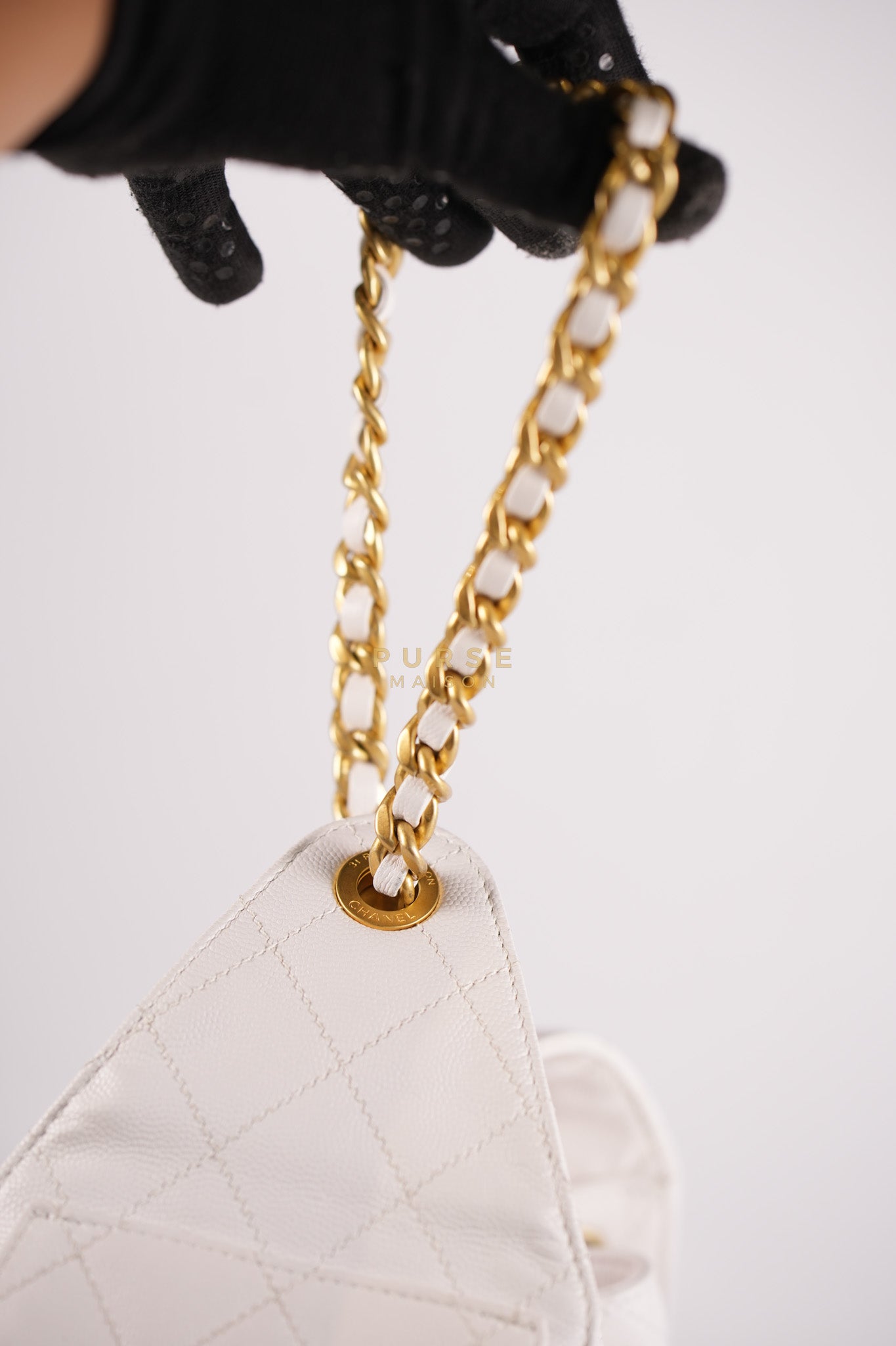 25 Small White Caviar Leather and Aged Gold Hardware (Microchip) | Purse Maison Luxury Bags Shop
