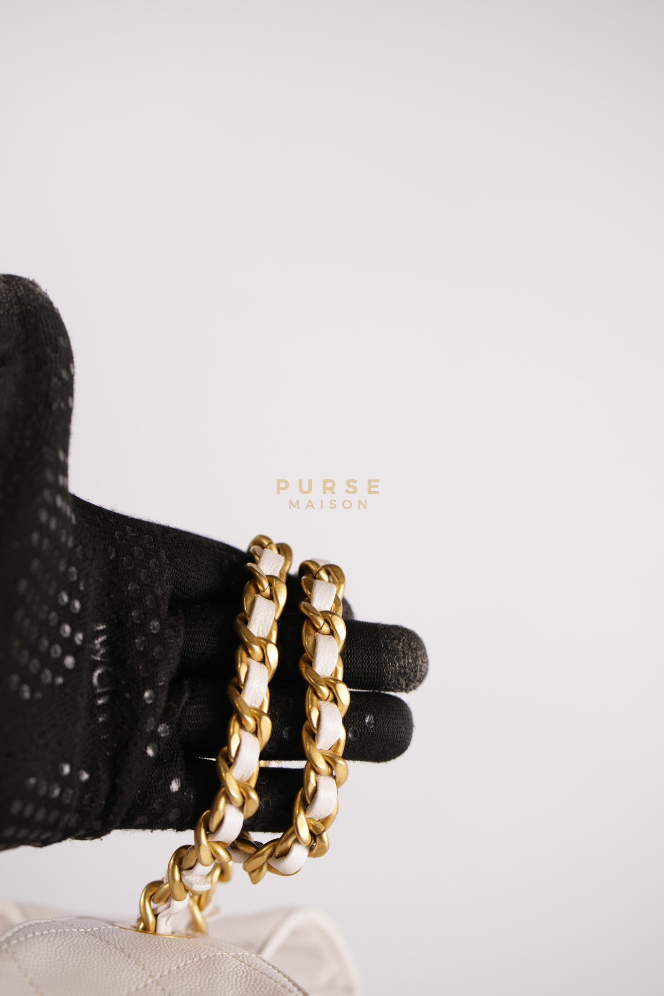 25 Small White Caviar Leather and Aged Gold Hardware (Microchip) | Purse Maison Luxury Bags Shop