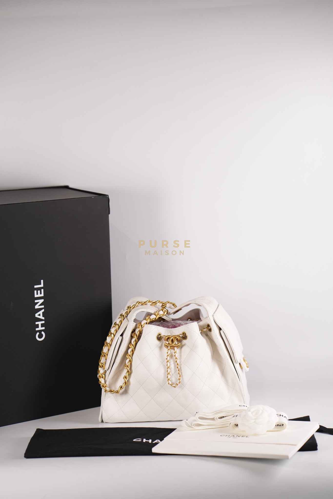 25 Small White Caviar Leather and Aged Gold Hardware (Microchip) | Purse Maison Luxury Bags Shop