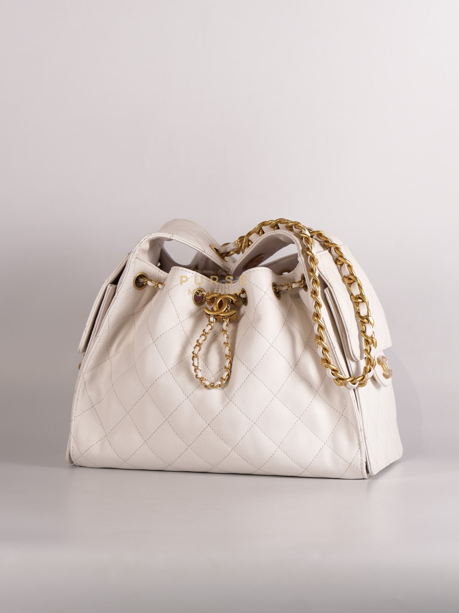 25 Small White Caviar Leather and Aged Gold Hardware (Microchip) | Purse Maison Luxury Bags Shop