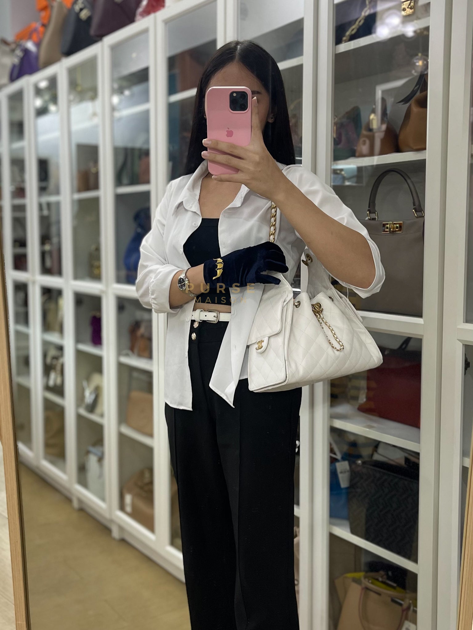 25 Small White Caviar Leather and Aged Gold Hardware (Microchip) | Purse Maison Luxury Bags Shop