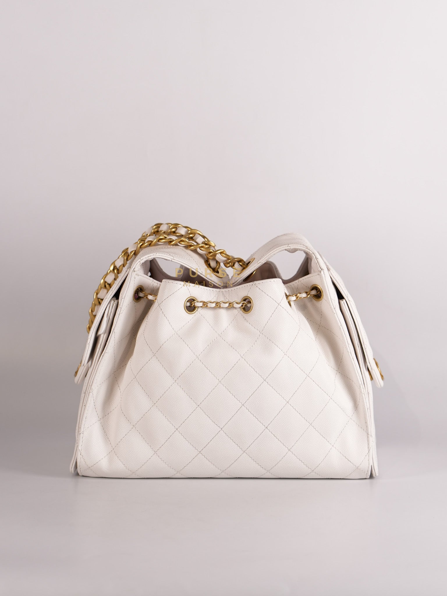 25 Small White Caviar Leather and Aged Gold Hardware (Microchip) | Purse Maison Luxury Bags Shop