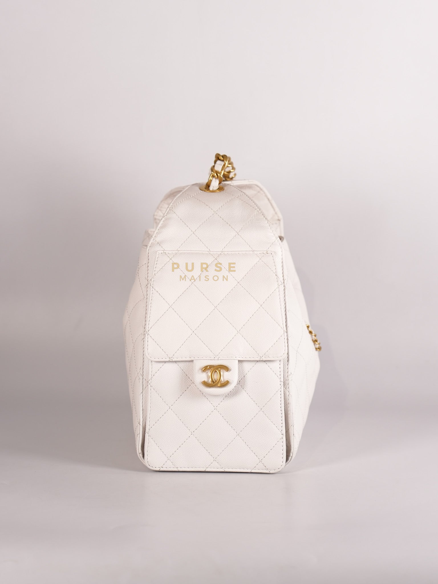 25 Small White Caviar Leather and Aged Gold Hardware (Microchip) | Purse Maison Luxury Bags Shop