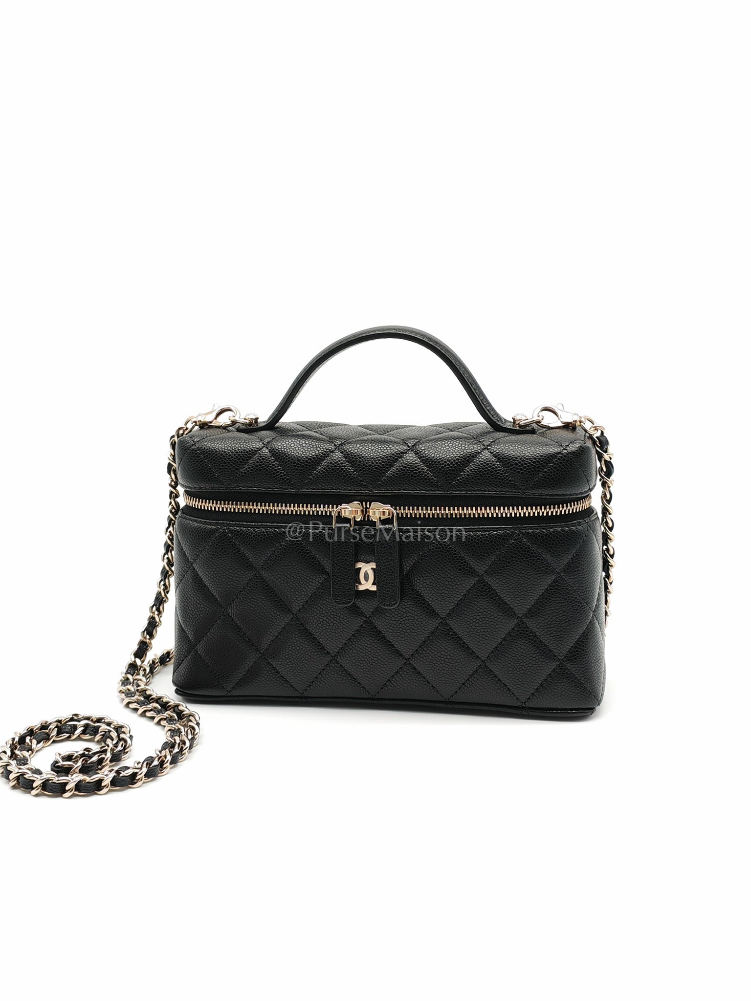 25C Long Vanity with Chain (LP Bag) in Black Quilted Leather and Light Gold Hardware (Microchip) | Purse Maison Luxury Bags Shop