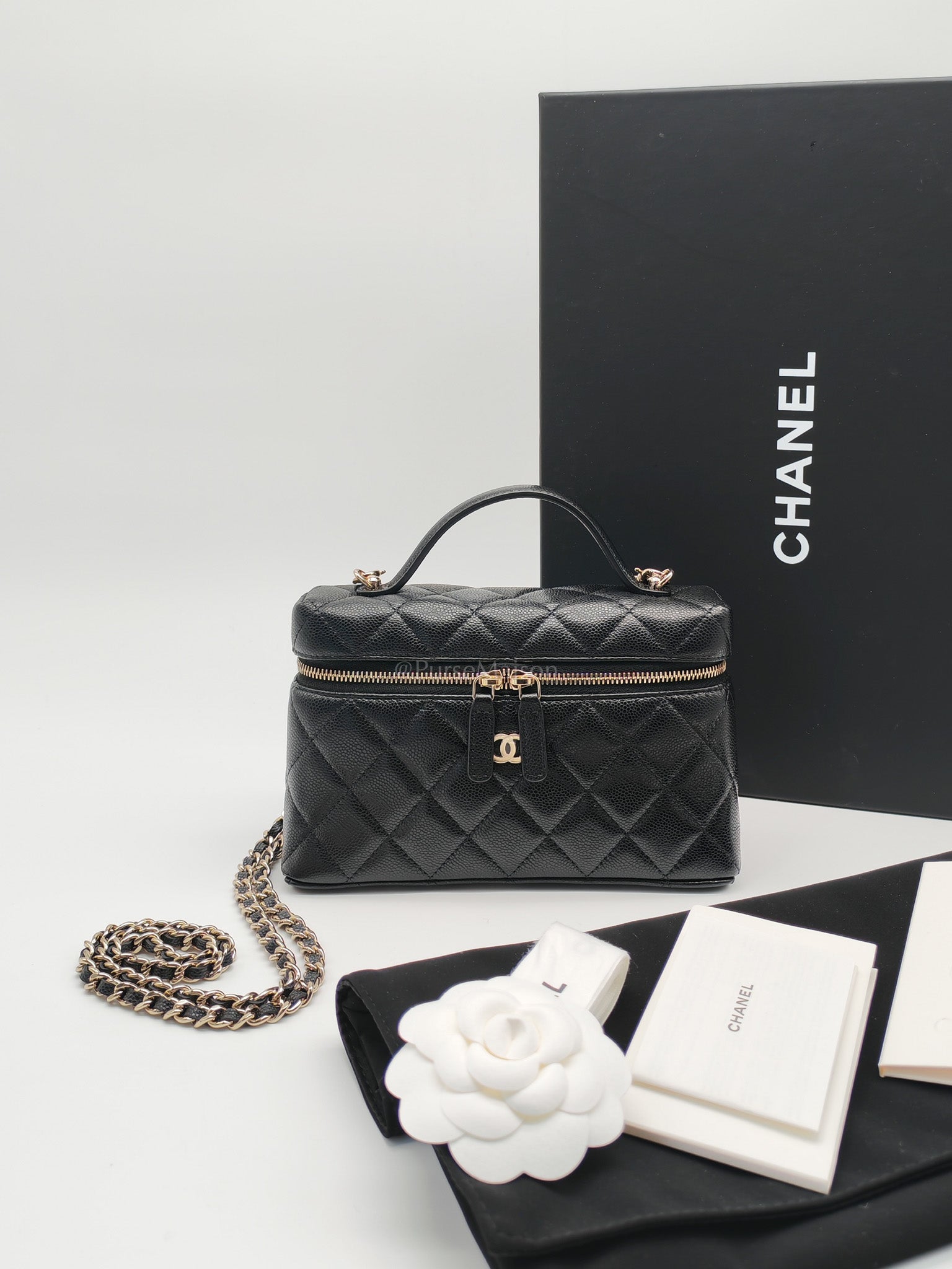 25C Long Vanity with Chain (LP Bag) in Black Quilted Leather and Light Gold Hardware (Microchip) | Purse Maison Luxury Bags Shop