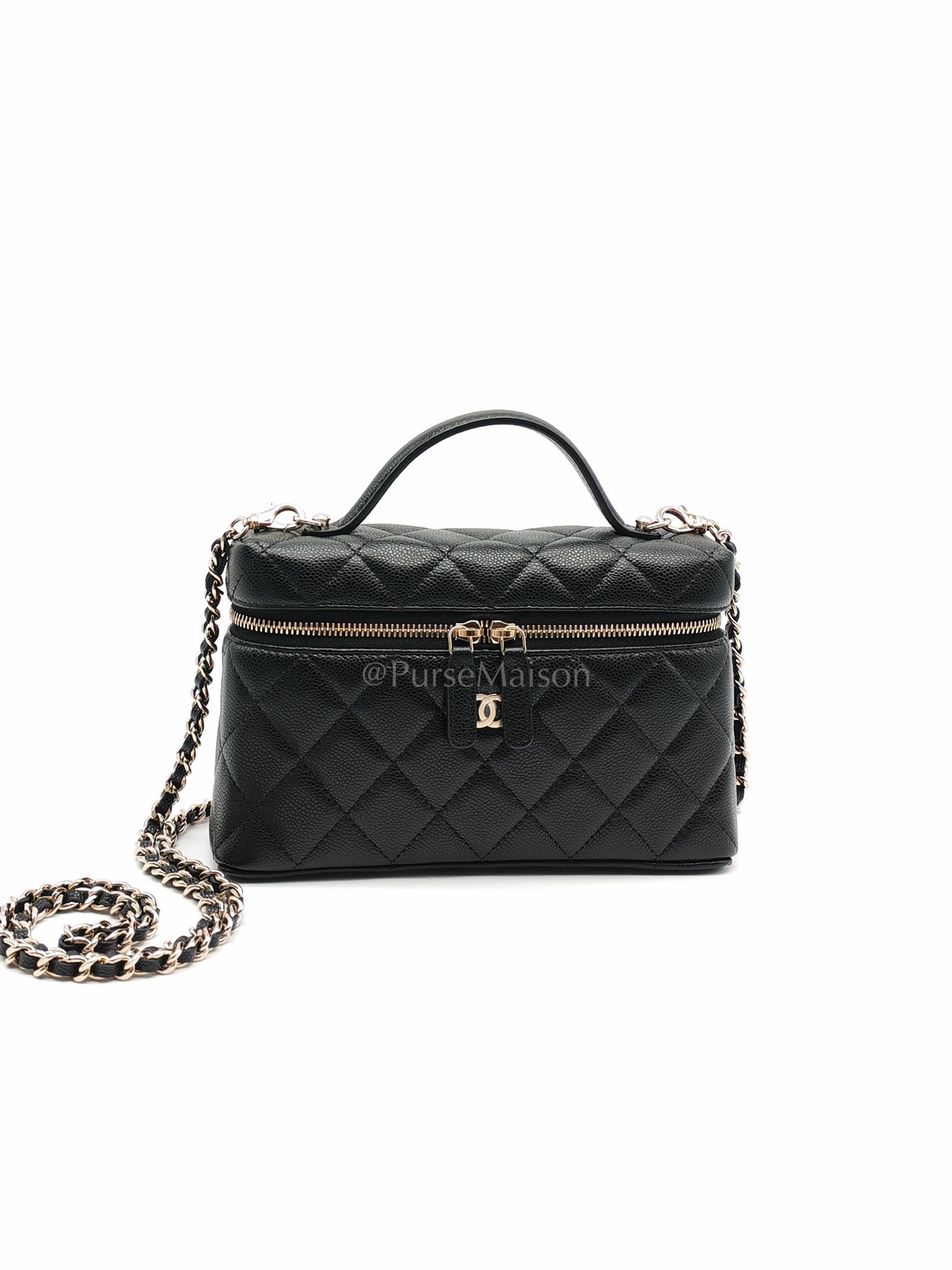 25C Long Vanity with Chain (LP Bag) in Black Quilted Leather and Light Gold Hardware (Microchip) | Purse Maison Luxury Bags Shop