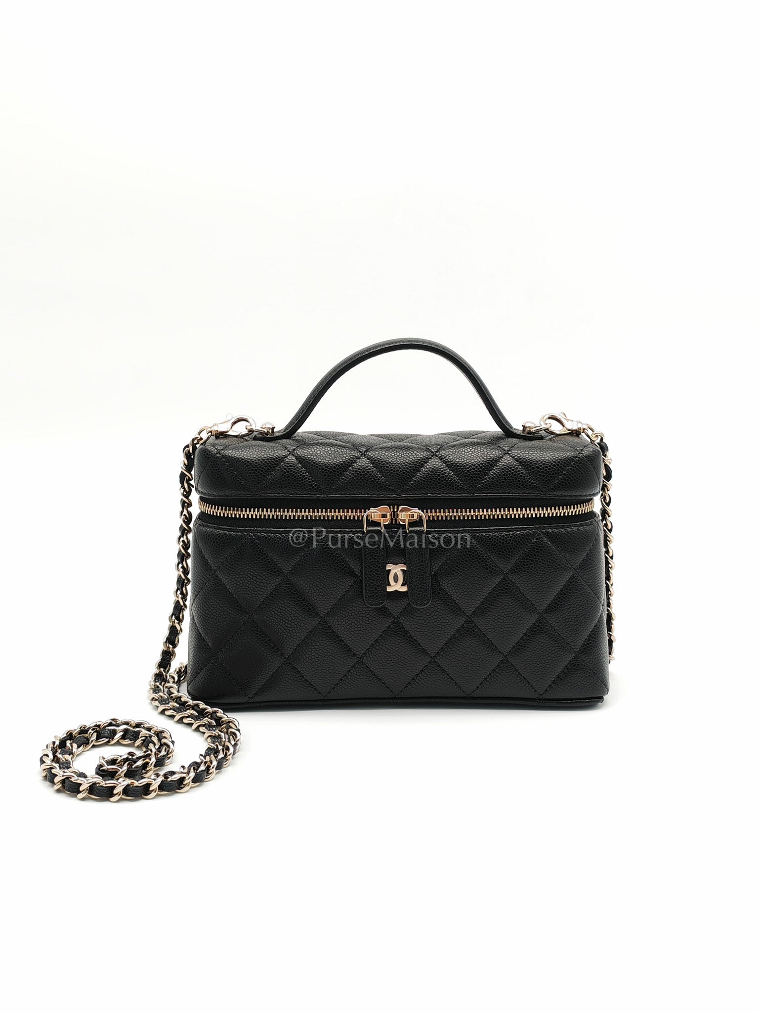 25C Long Vanity with Chain (LP Bag) in Black Quilted Leather and Light Gold Hardware (Microchip) | Purse Maison Luxury Bags Shop