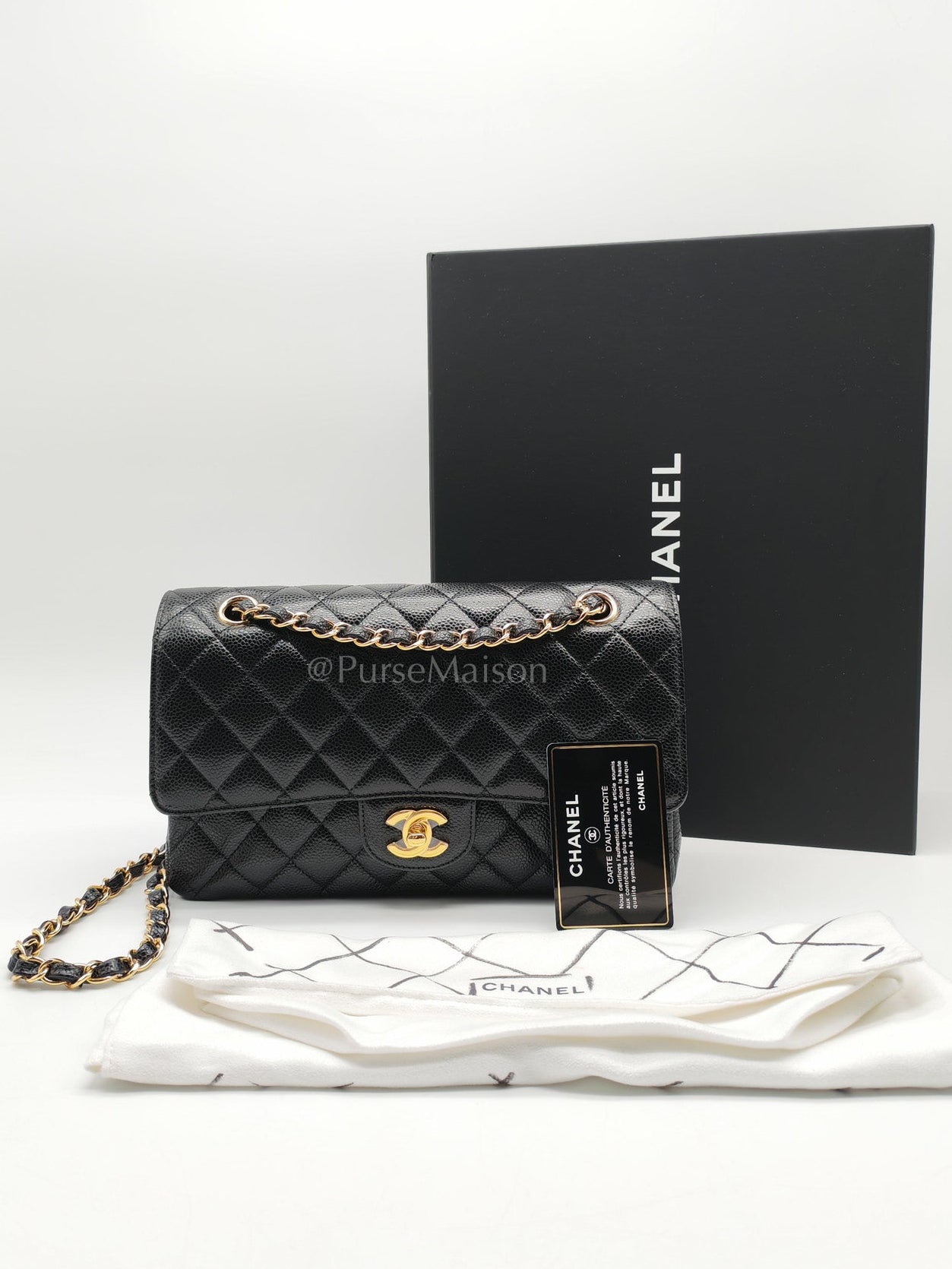 Chanel Classic Double Flap Medium in Black Quilted Caviar Leather and Gold Hardware Series 27 | Purse Maison Luxury Bags Shop