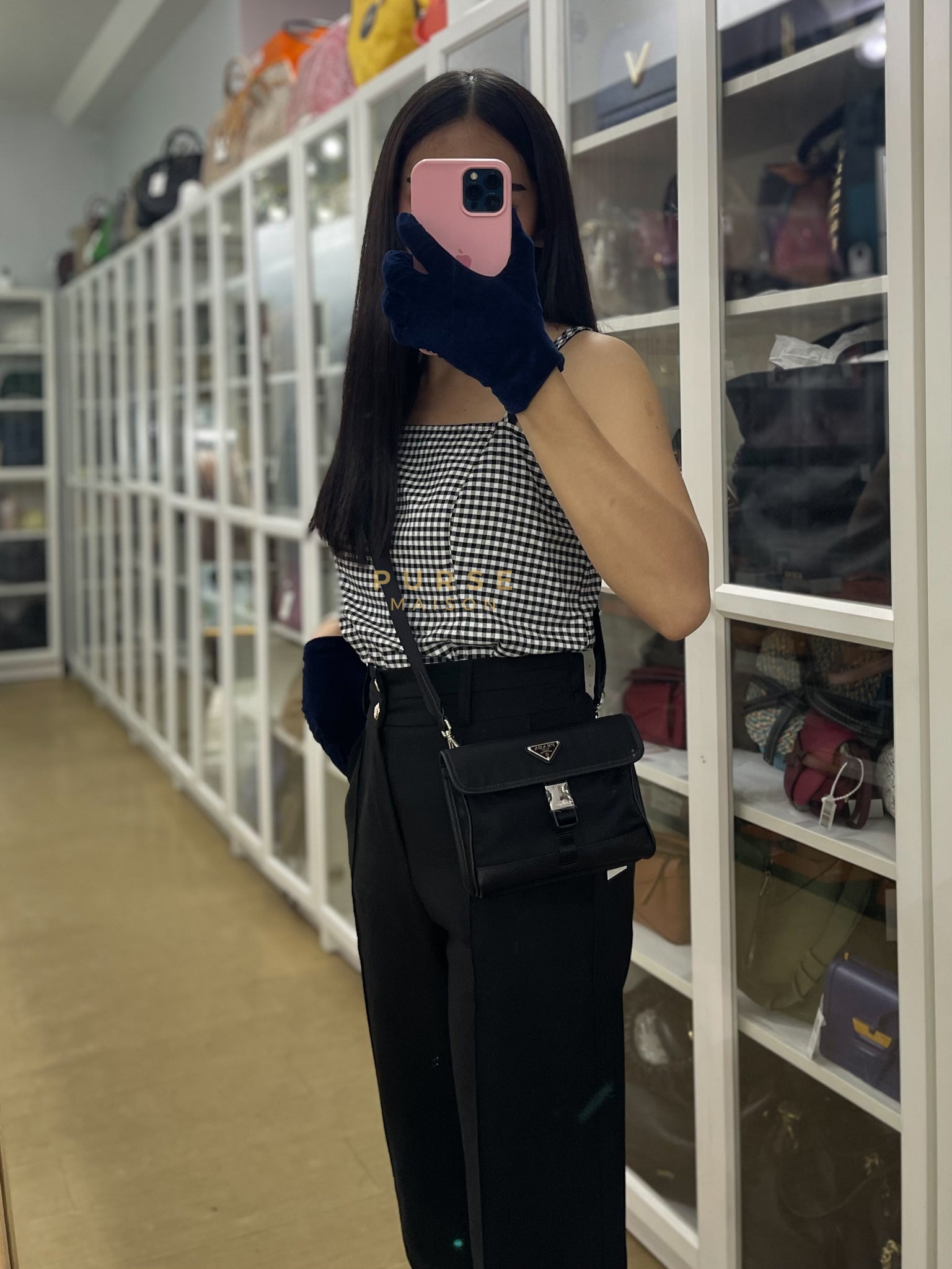 2ZH108 Mini Smartphone Case in Re-Nylon & Saffiano Leather | Purse Maison Luxury Bags Shop