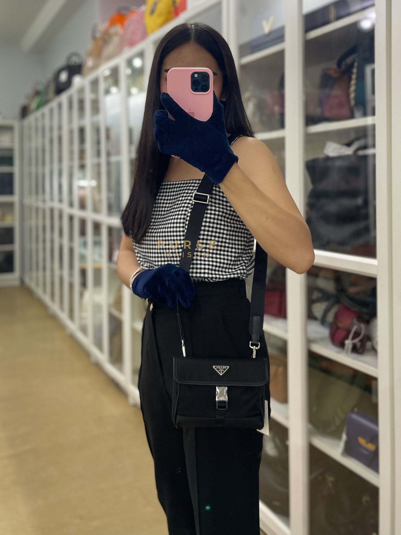 2ZH108 Mini Smartphone Case in Re-Nylon & Saffiano Leather | Purse Maison Luxury Bags Shop