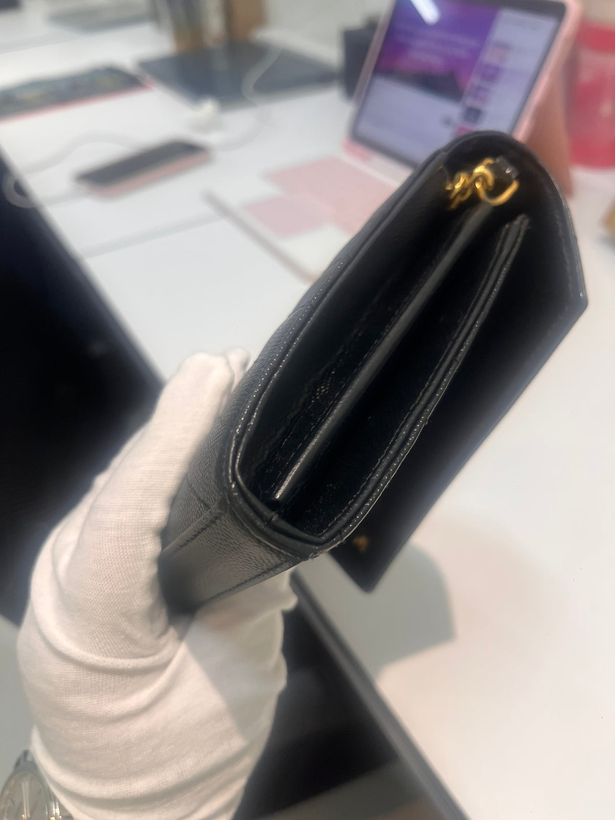 Yves Saint Laurent Cassandre Wallet on Chain in Black Chevron Quilted Grain De Poudre Calfskin Leather & Gold Hardware