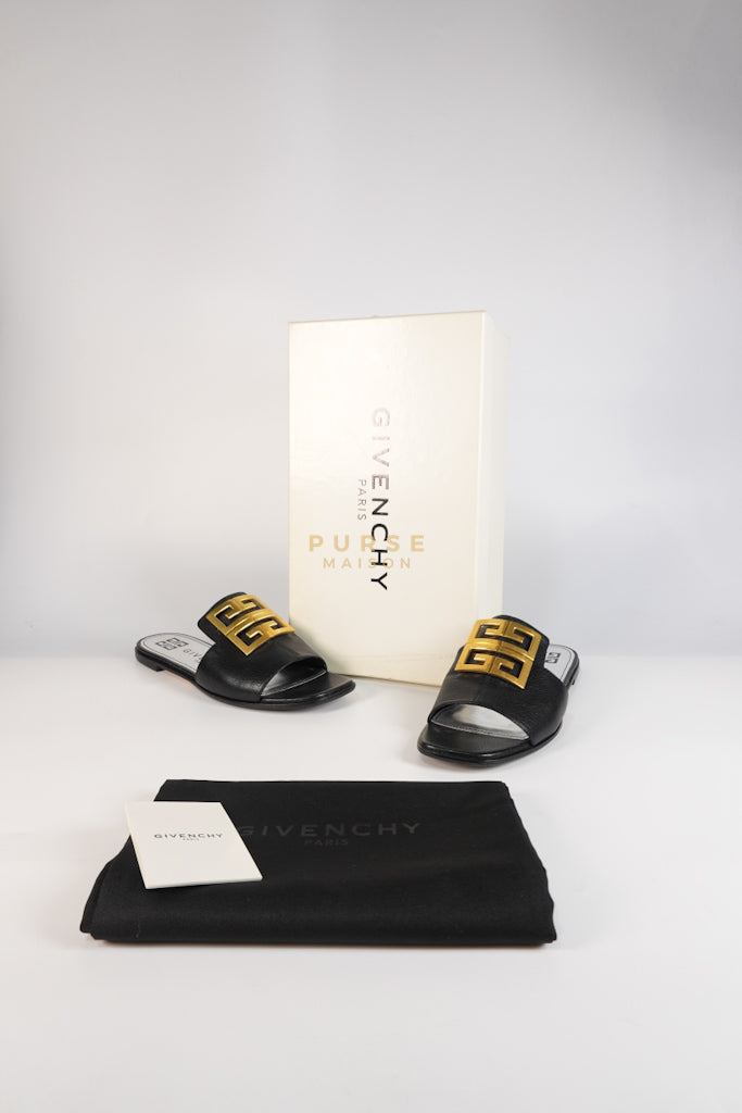 4G Logo Slide Sandals in Black Plague Leather Size 38.5 Eu (24 cm) | Purse Maison Luxury Bags Shop
