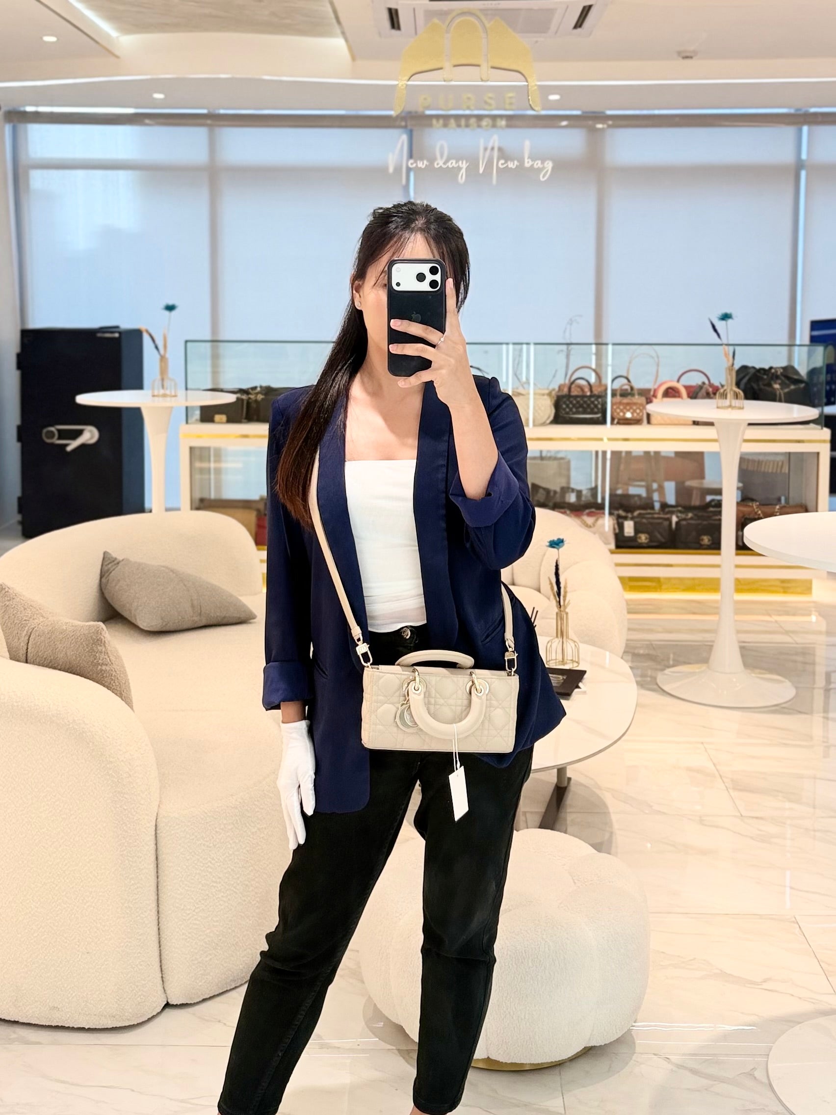 Lady D-Joy Small in Powder Beige Lambskin Leather Shoulder Bag