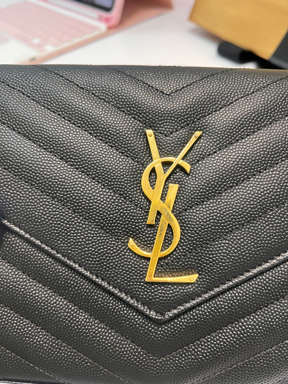 Yves Saint Laurent Cassandre Wallet on Chain in Black Chevron Quilted Grain De Poudre Calfskin Leather & Gold Hardware