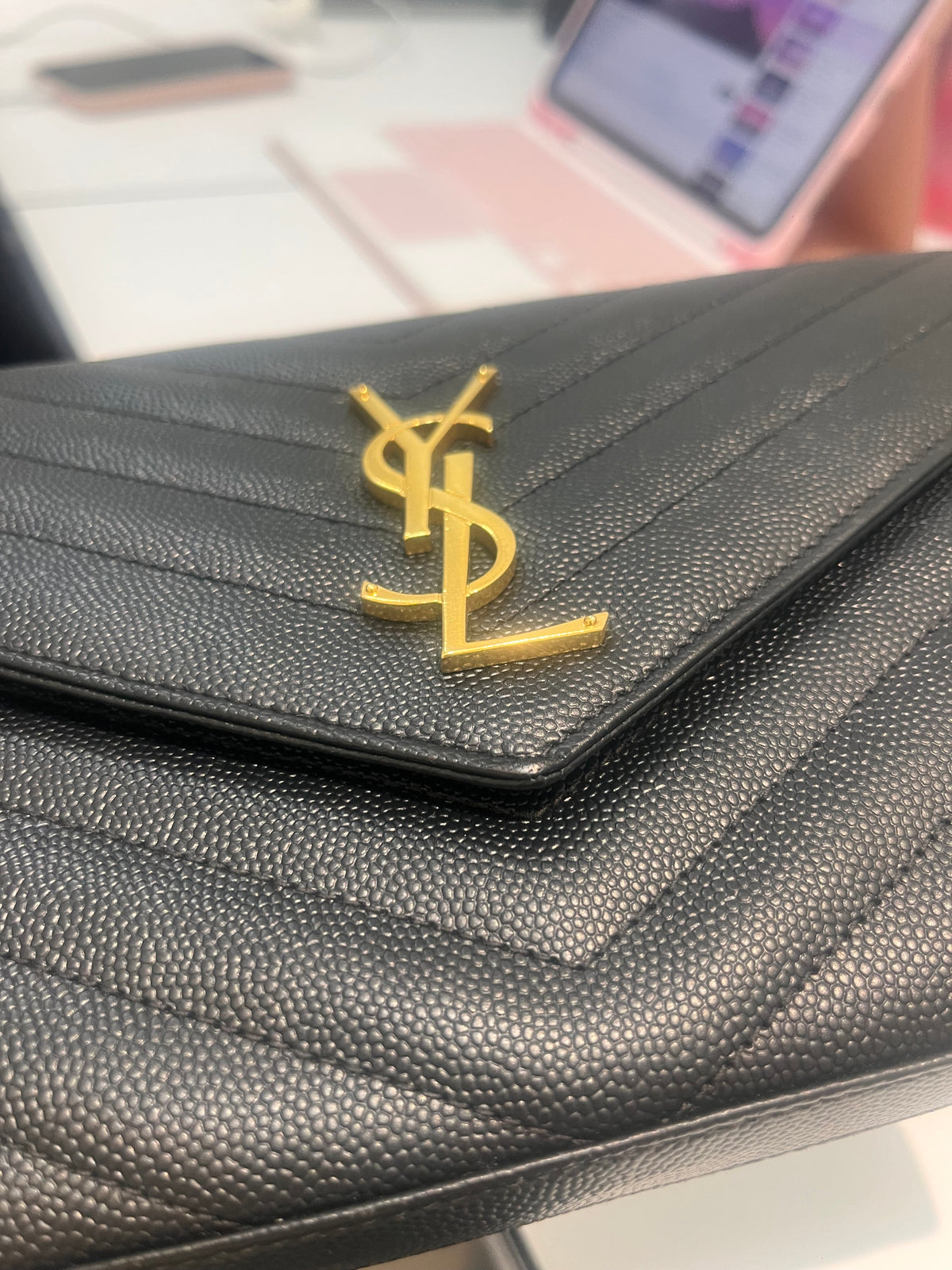 Yves Saint Laurent Cassandre Wallet on Chain in Black Chevron Quilted Grain De Poudre Calfskin Leather & Gold Hardware