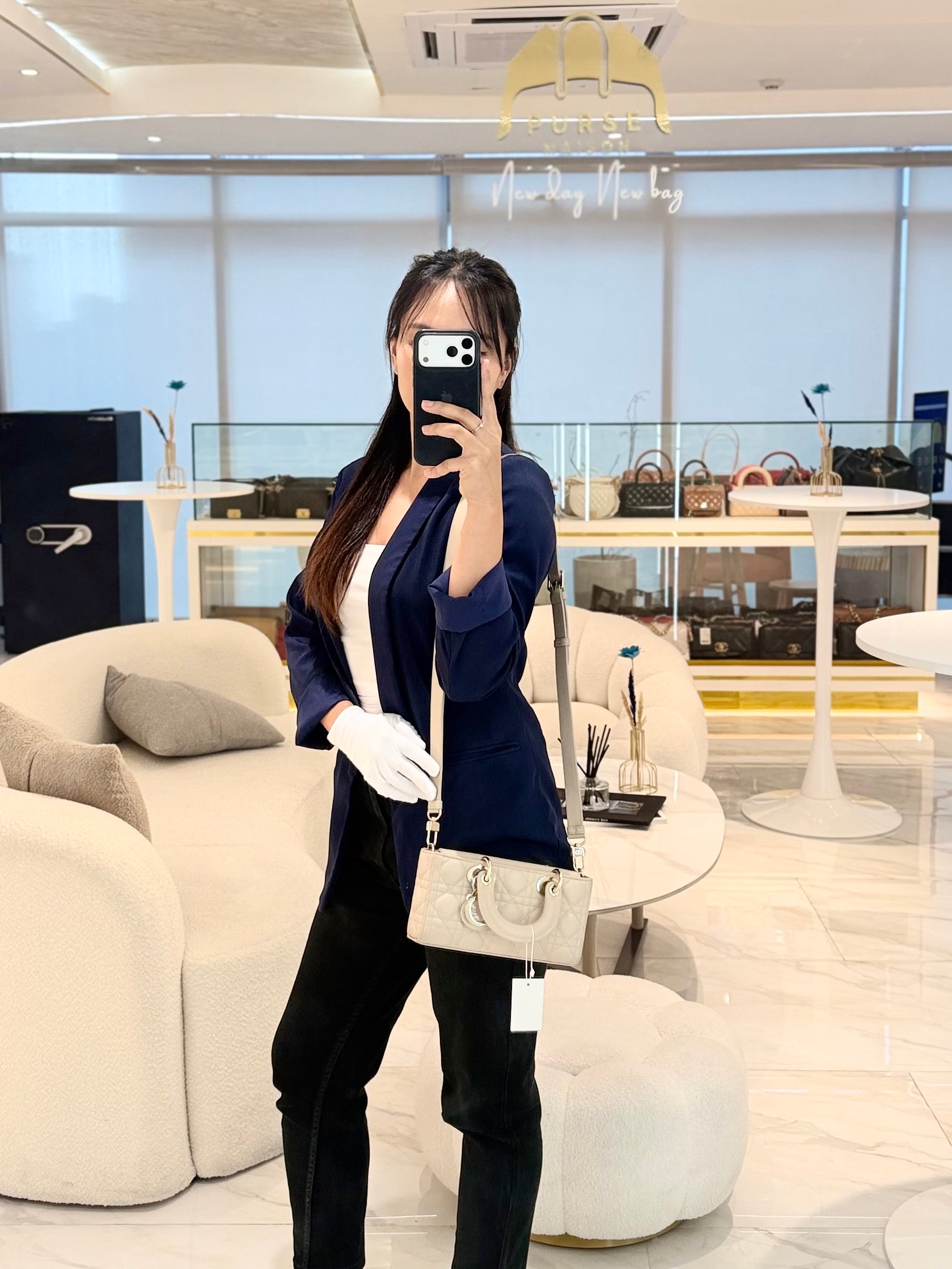 Lady D-Joy Small in Powder Beige Lambskin Leather Shoulder Bag