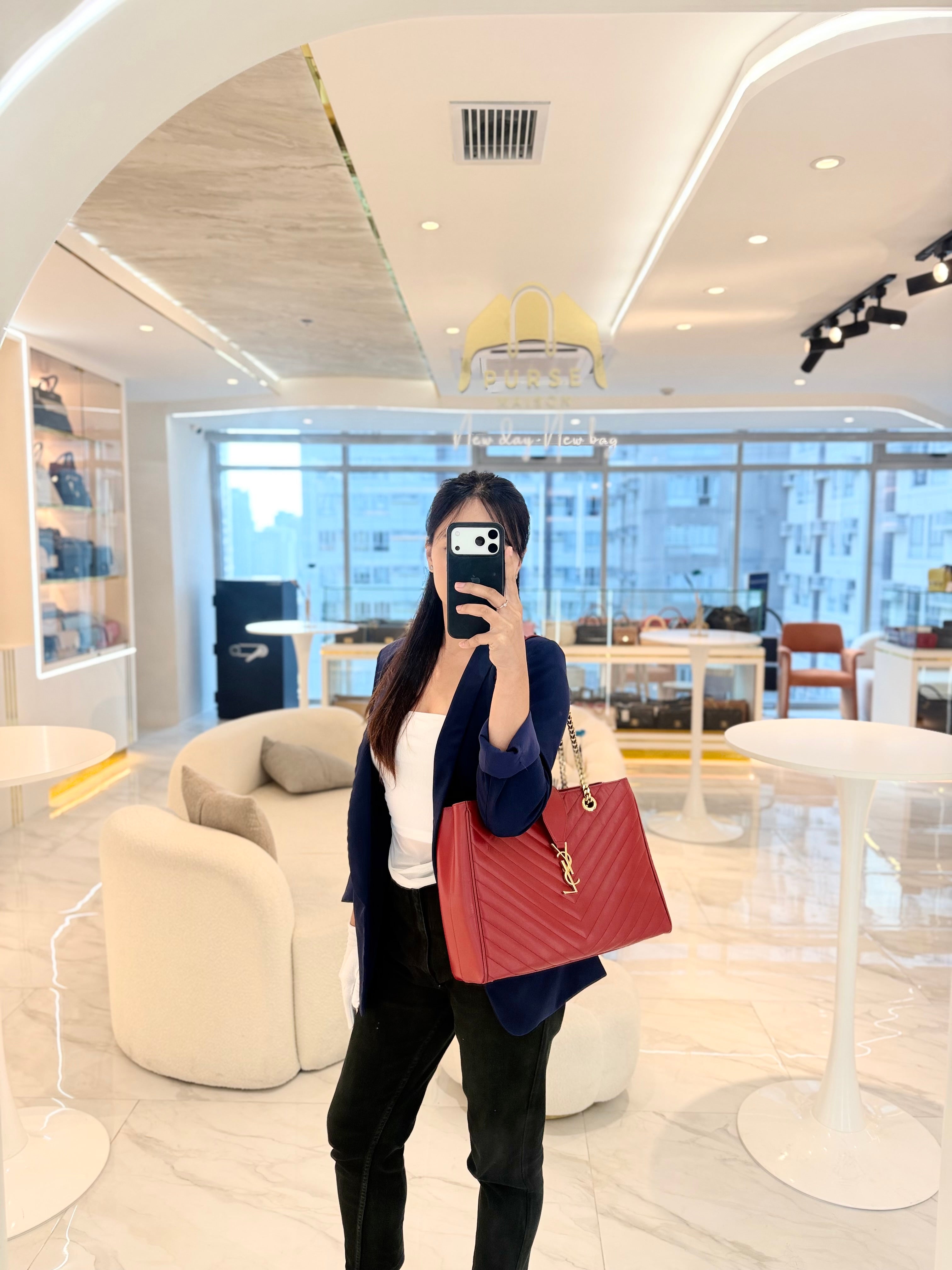 Cassandre Tote in Red Chevron Grained Calfskin Leather Tote Bag