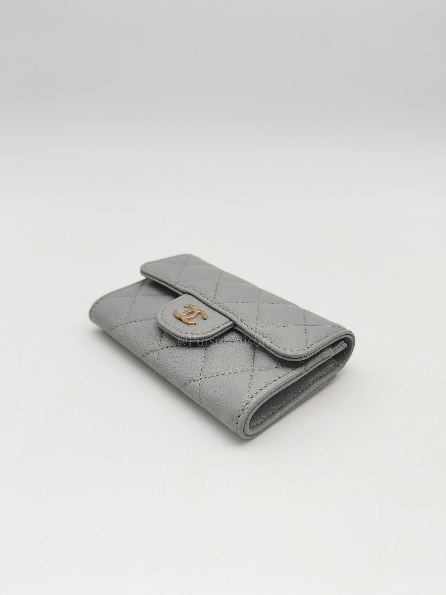 Classic Card Holder in Gray Caviar Leather Light Gold Hardware (Microchip)