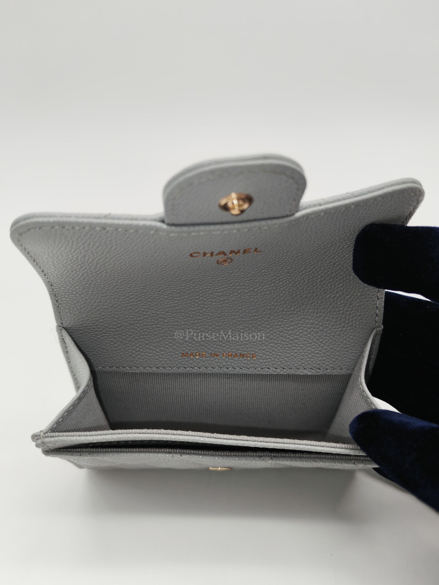Classic Card Holder in Gray Caviar Leather Light Gold Hardware (Microchip)