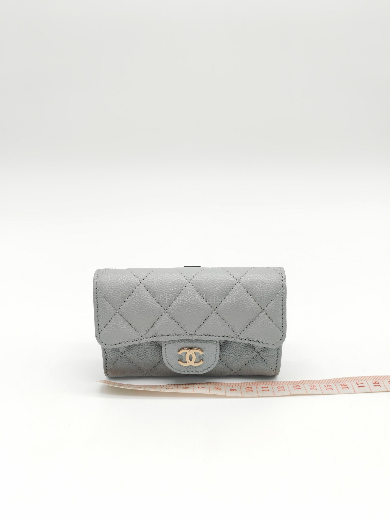 Classic Card Holder in Gray Caviar Leather Light Gold Hardware (Microchip)