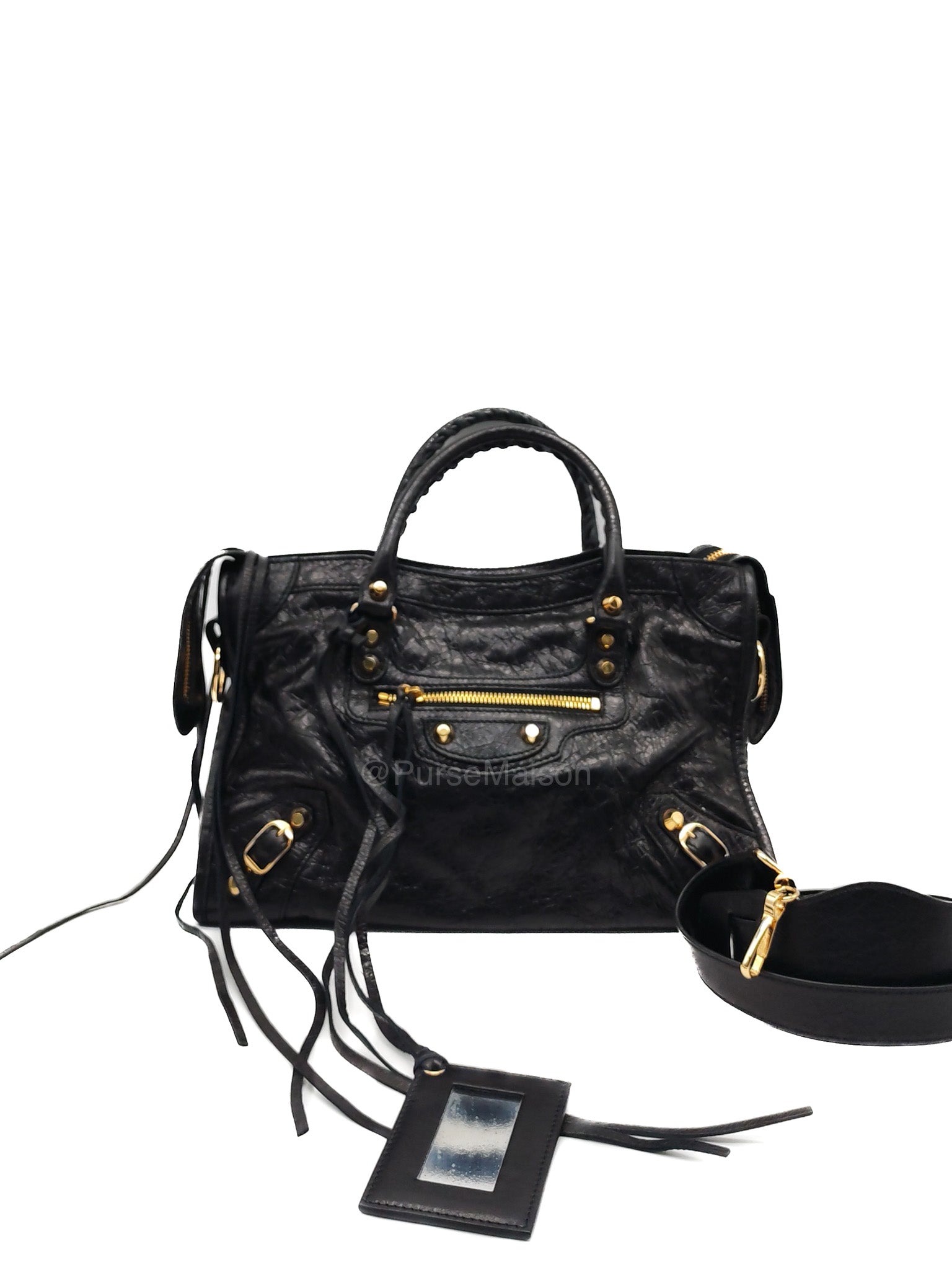 Balenciaga Le City Small Bag in Black Studded Calfskin Leather and Gold Hardware