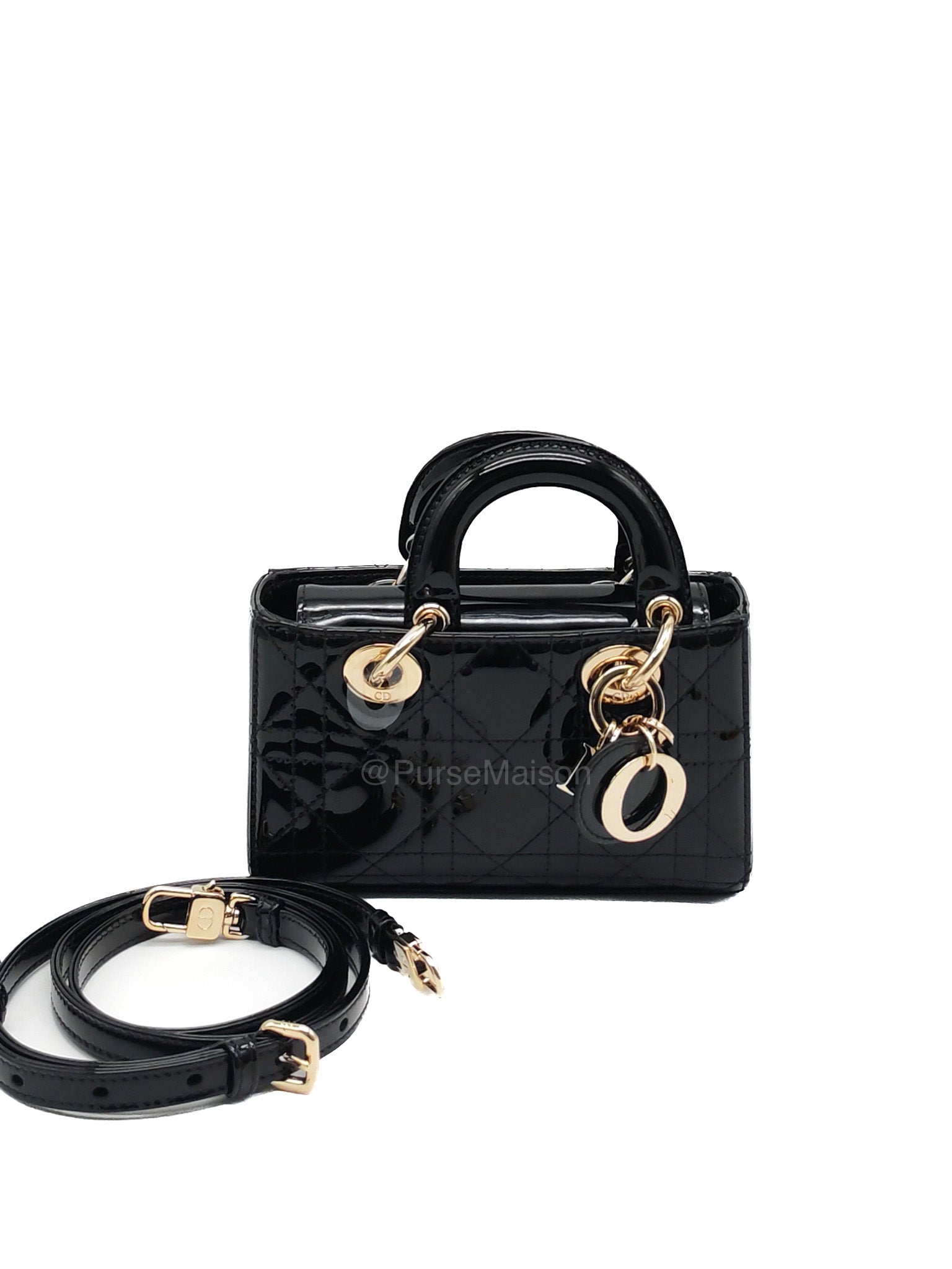 Christian Dior Lady D-Joy Micro in Black Patent Cannage Calfskin Leather and Light Gold Hardware
