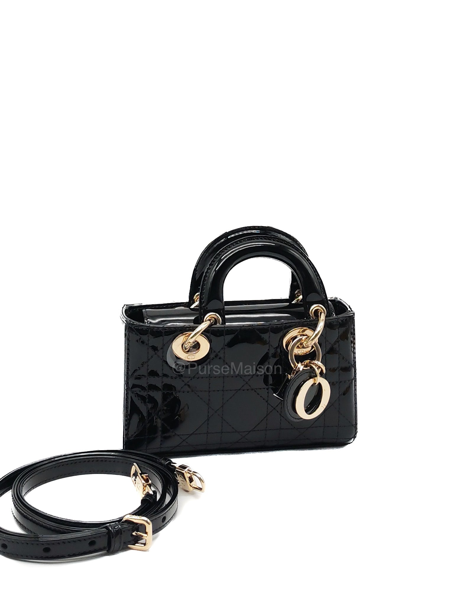 Christian Dior Lady D-Joy Micro in Black Patent Cannage Calfskin Leather and Light Gold Hardware