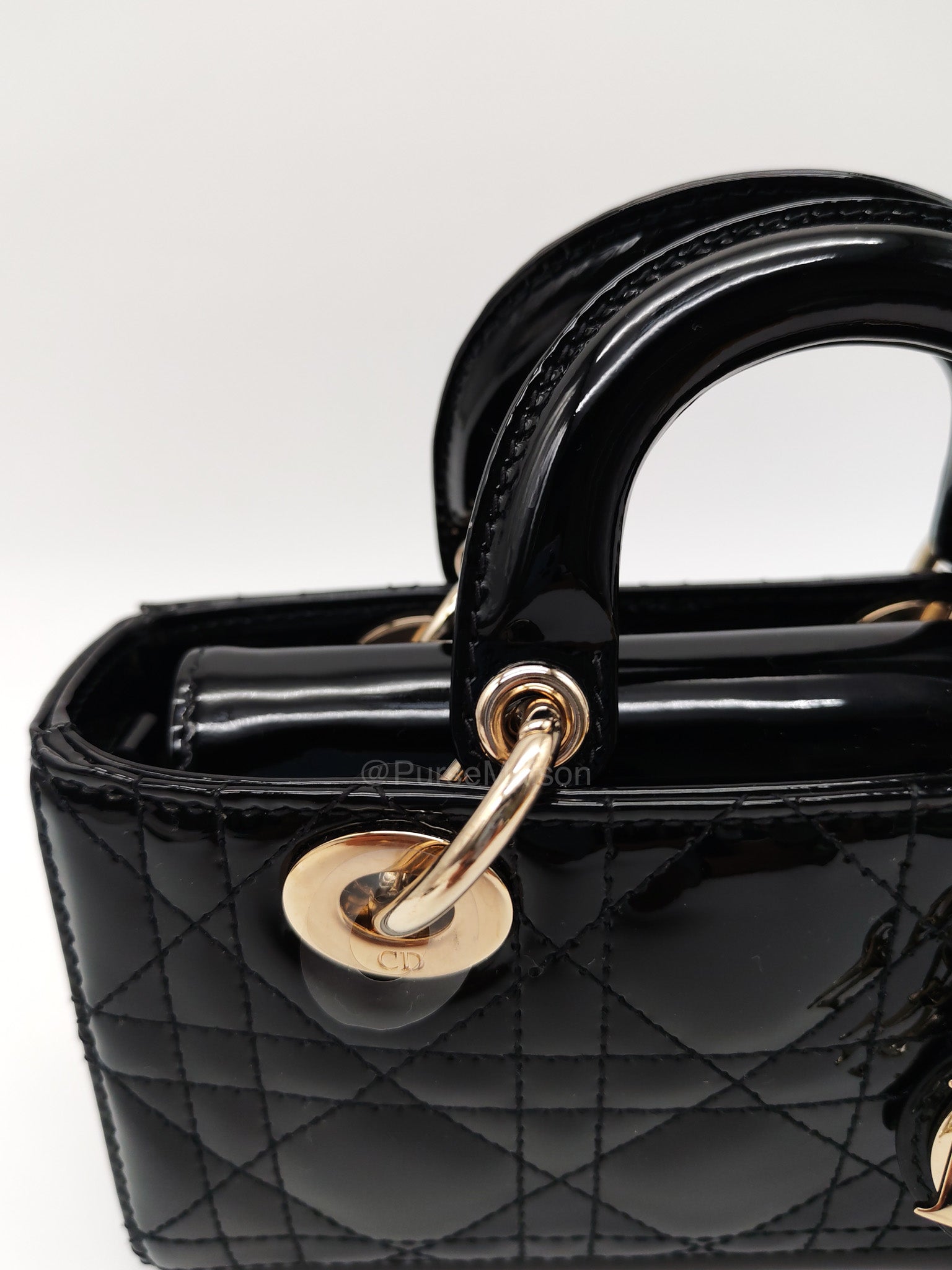 Christian Dior Lady D-Joy Micro in Black Patent Cannage Calfskin Leather and Light Gold Hardware