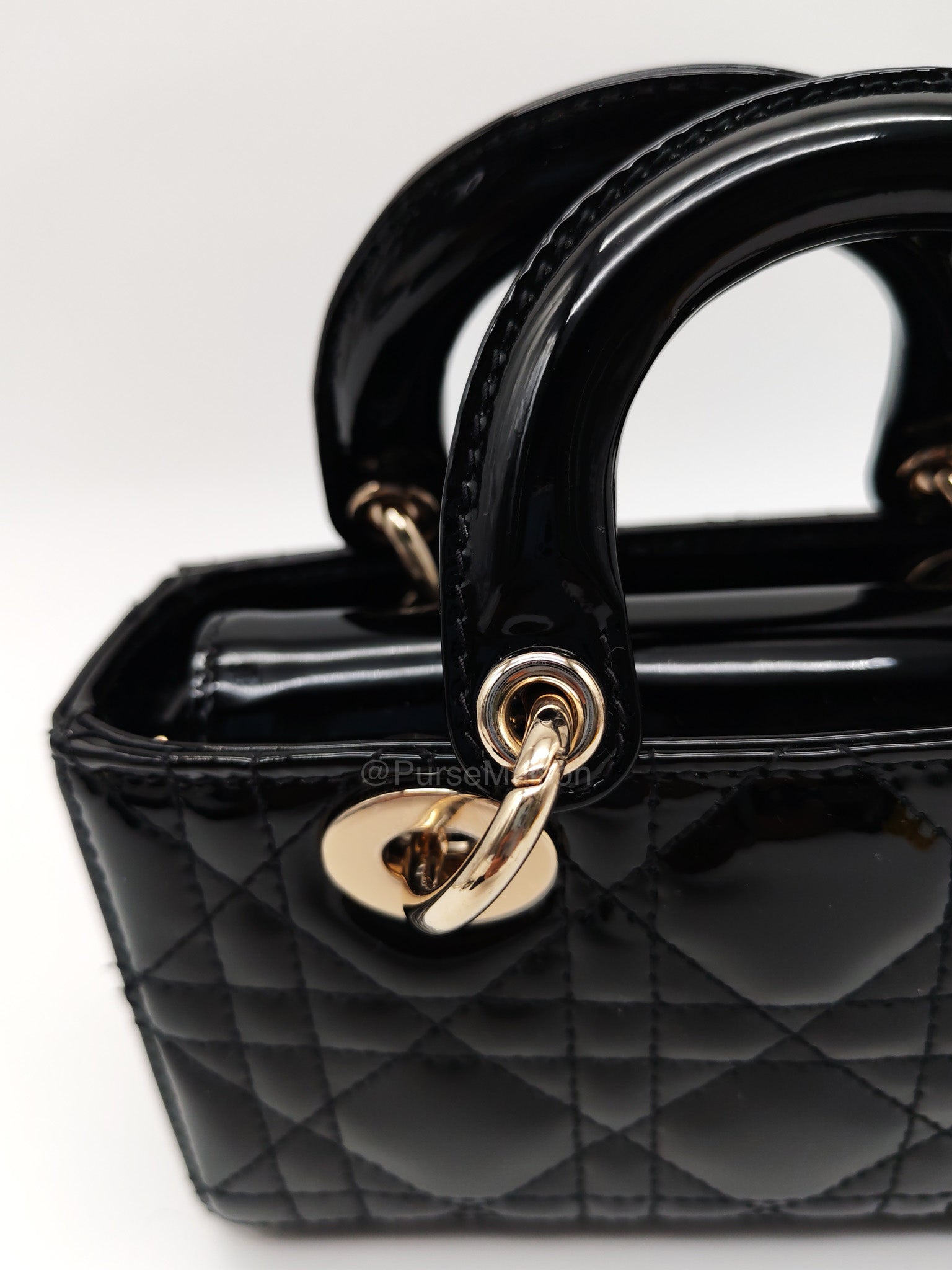 Christian Dior Lady D-Joy Micro in Black Patent Cannage Calfskin Leather and Light Gold Hardware